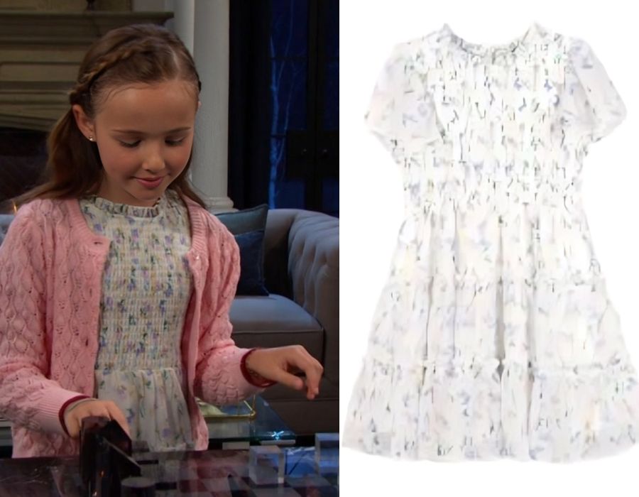 Rachel’s white floral smocked dress by Zunie