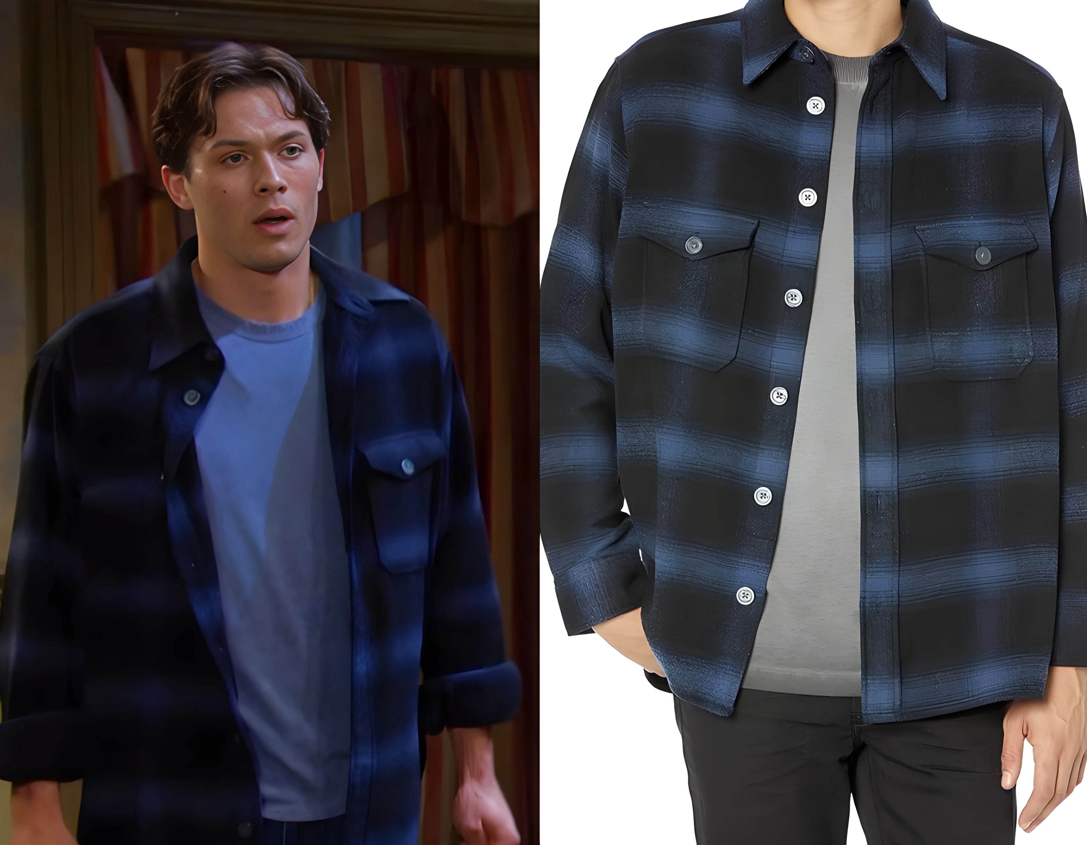 Tate’s navy plaid button down shirt by All Saints