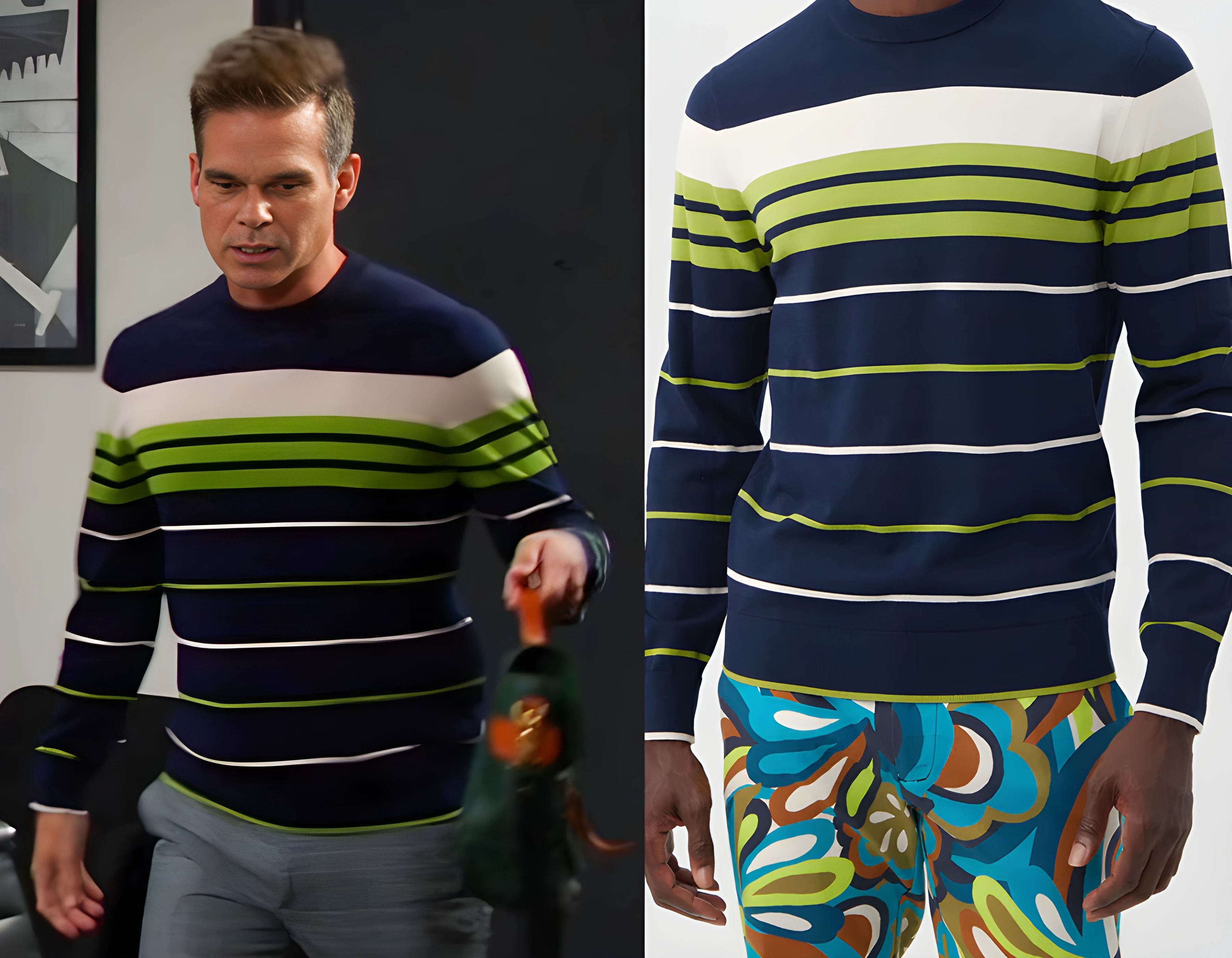 Leo’s navy and green striped sweater by Trina Turk