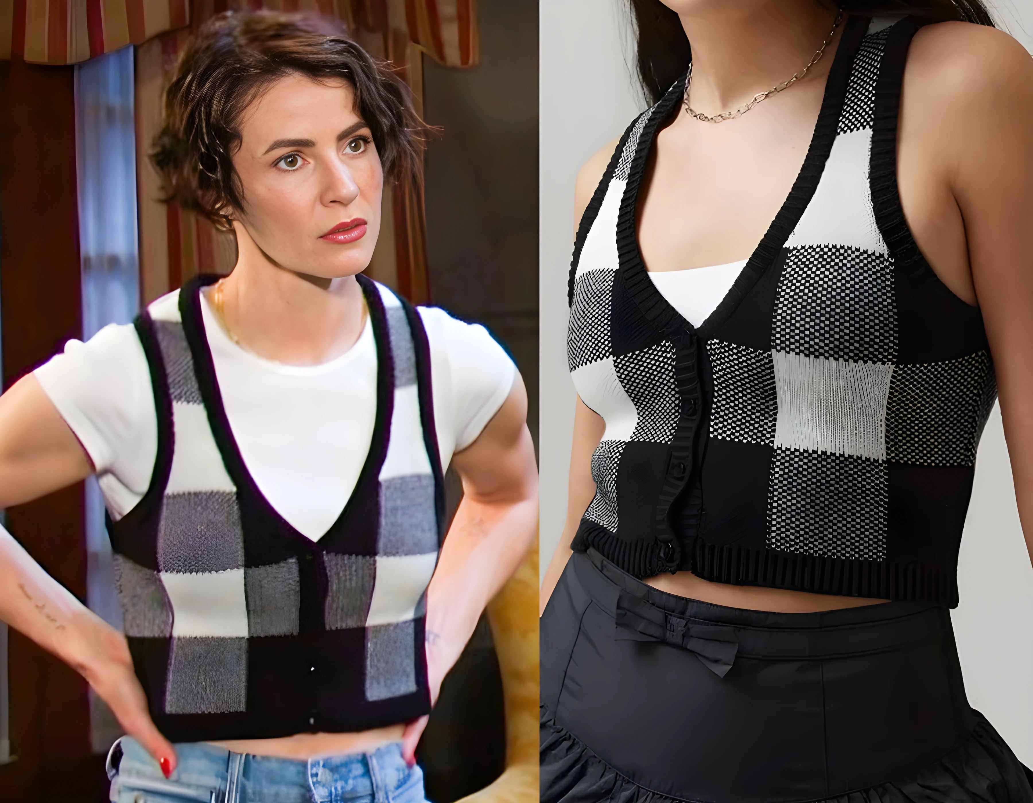 Sarah’s black check knit vest by BDG