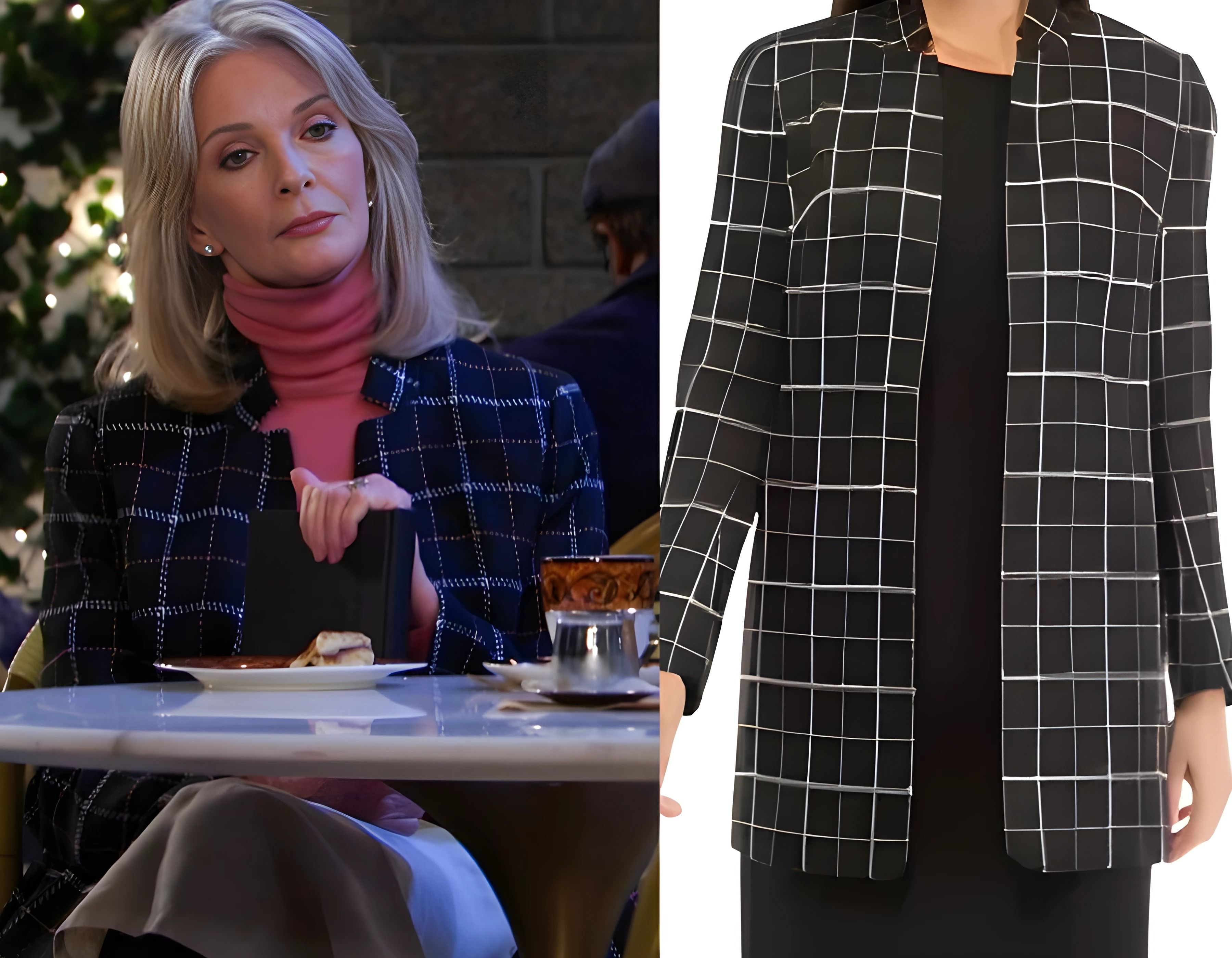 Marlena’s black check open jacket by Kasper