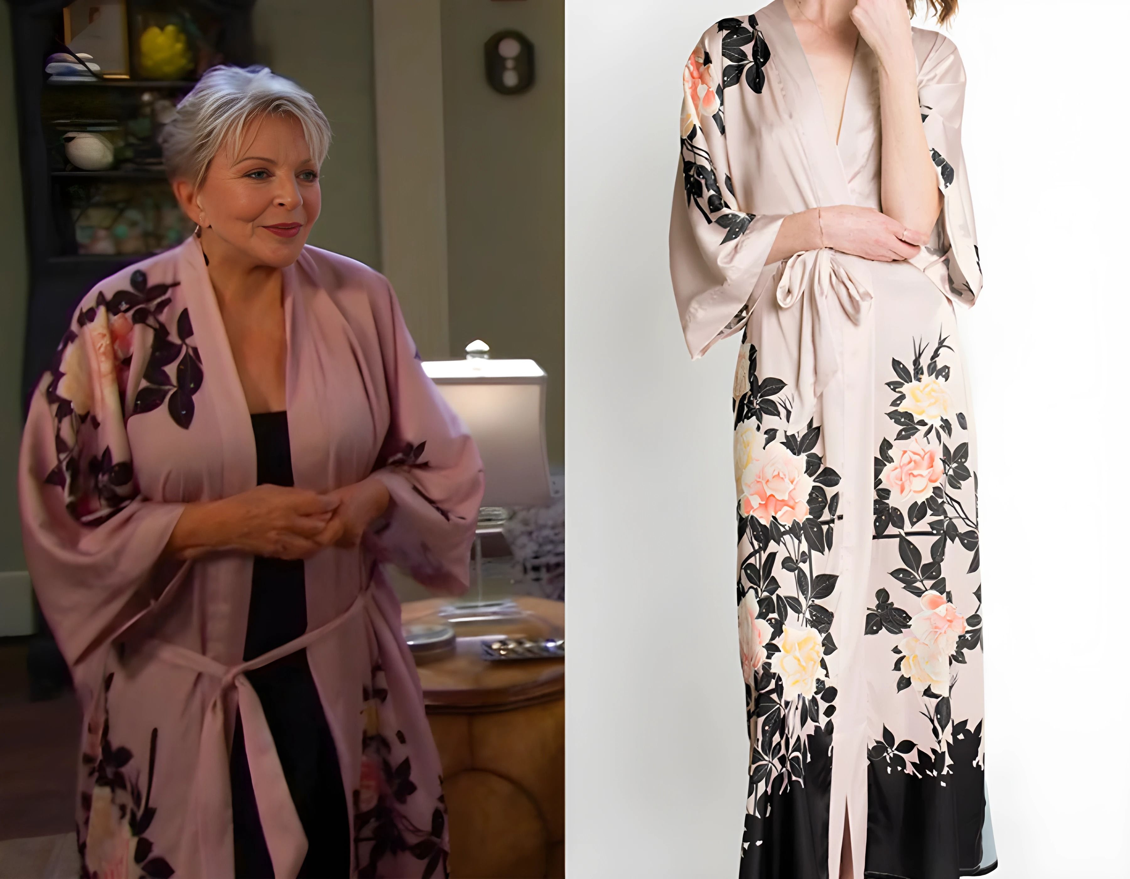 Julie’s pink floral robe by Kim + Ono