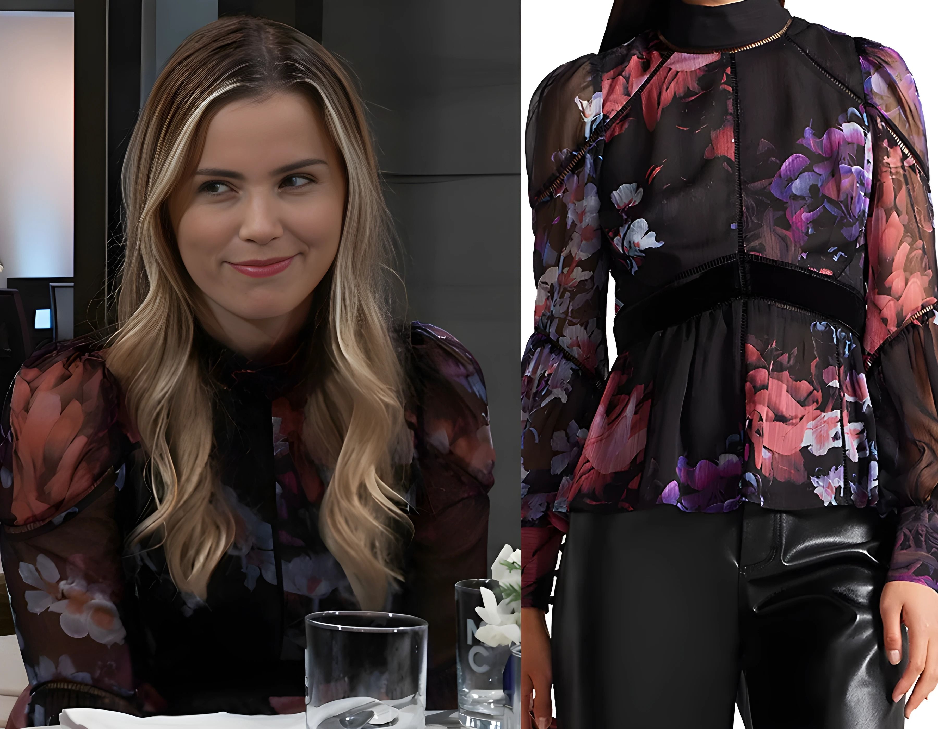 Sasha’s black floral blouse by Ted Baker 