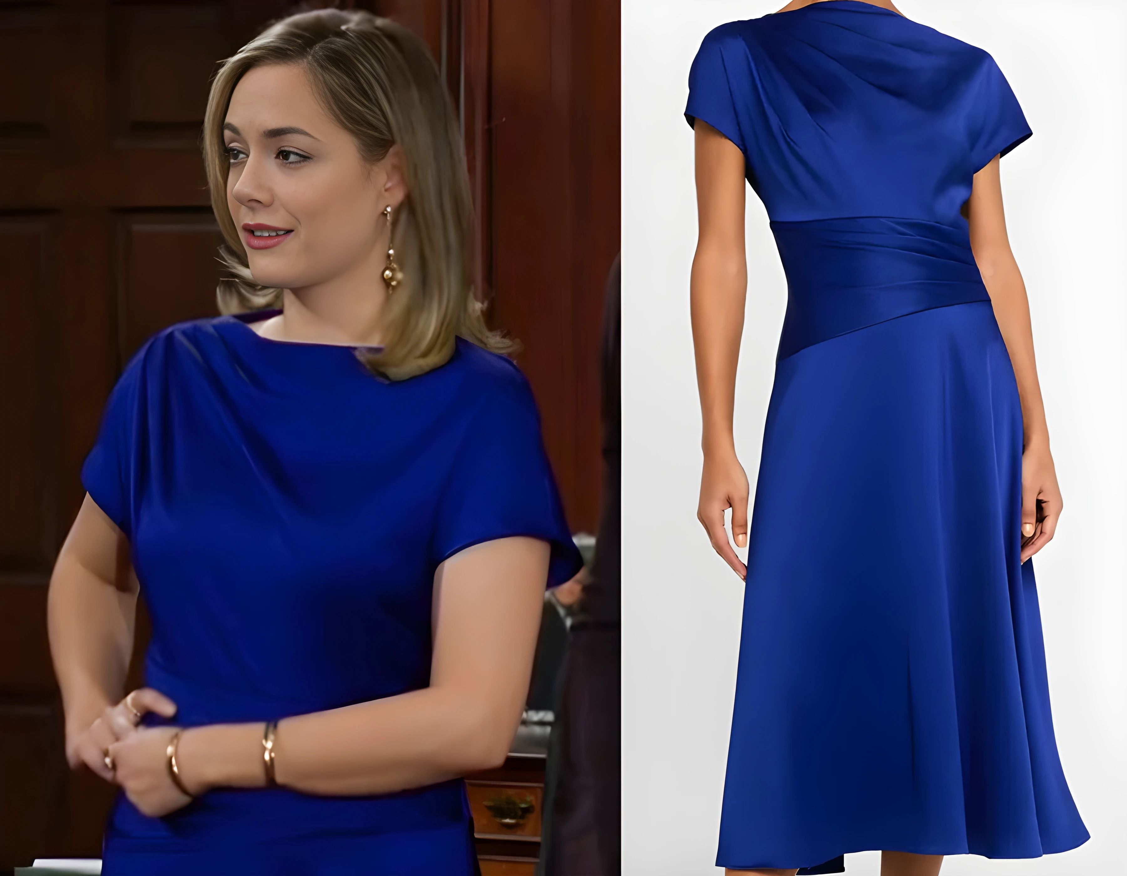 Hope’s blue draped dress by Rickie Freeman for Teri Jon 