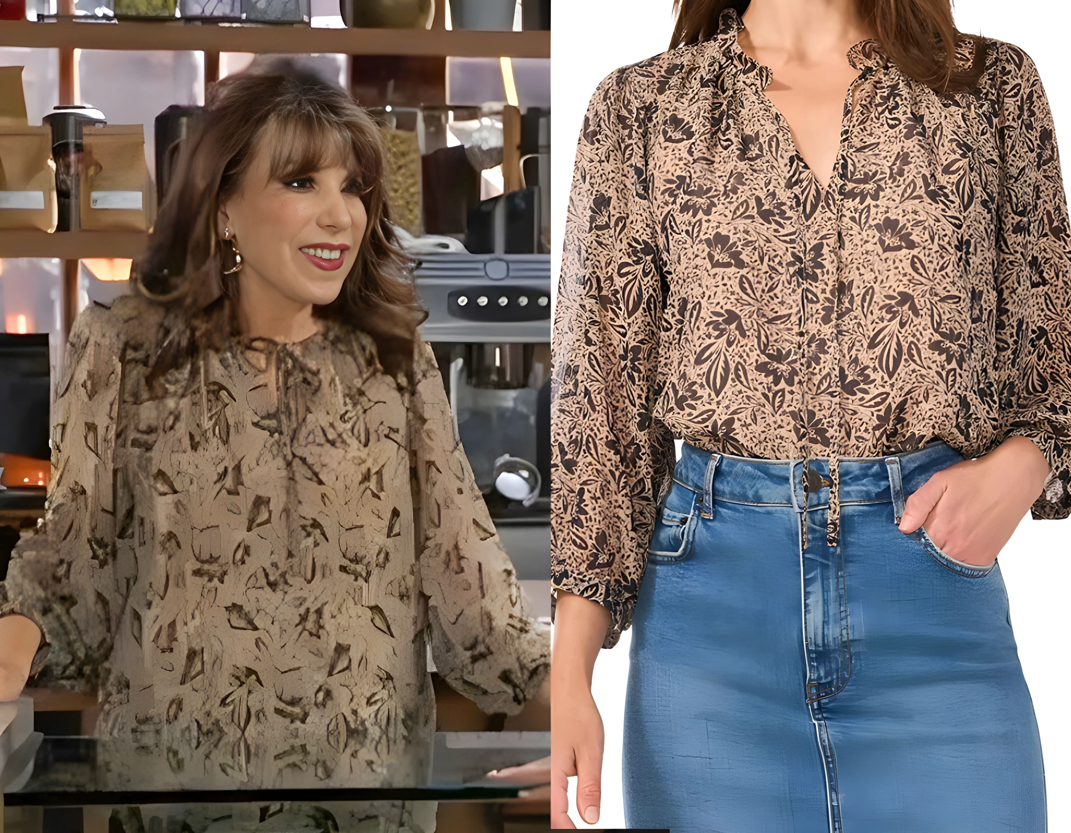 Esther’s beige floral blouse by Vince Camuto 