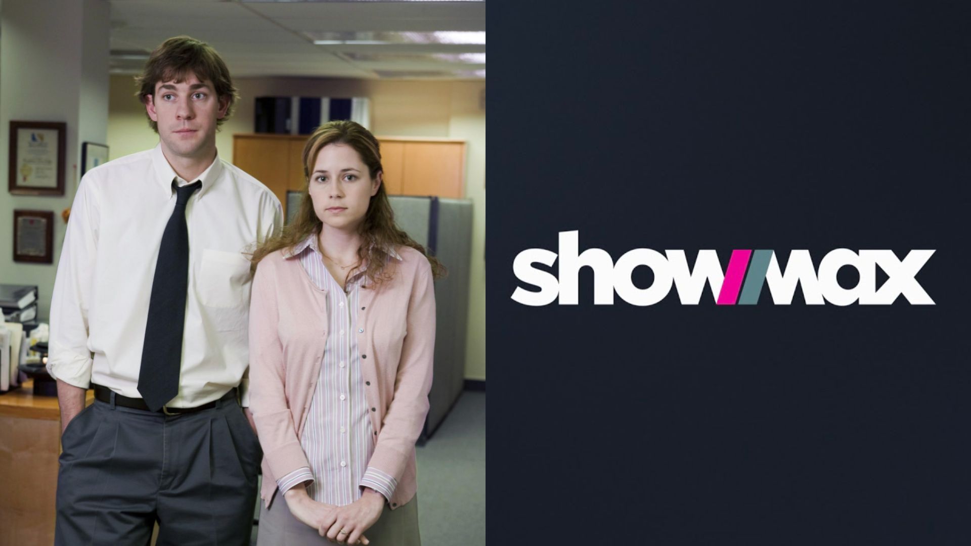 Jim and Pam in a The Office US, which Showmax will now adapt (Images via NBC and Showmax)