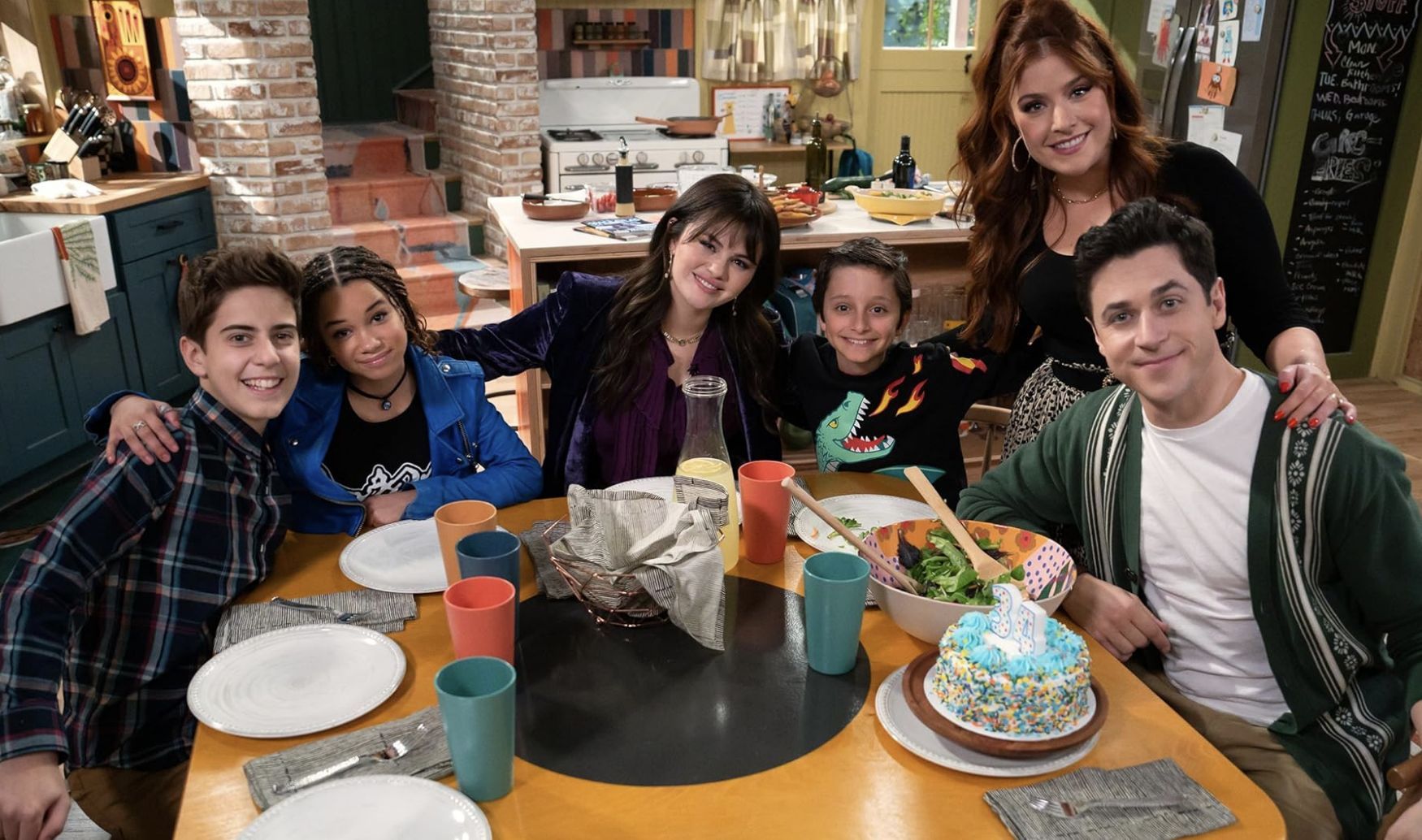 David Henrie, Alkaio Thiele, Selena Gomez, Mimi Gianopulos, Max Matenko, and Janice LeAnn Brown in Wizards Beyond Waverly Place (Image via Disney)