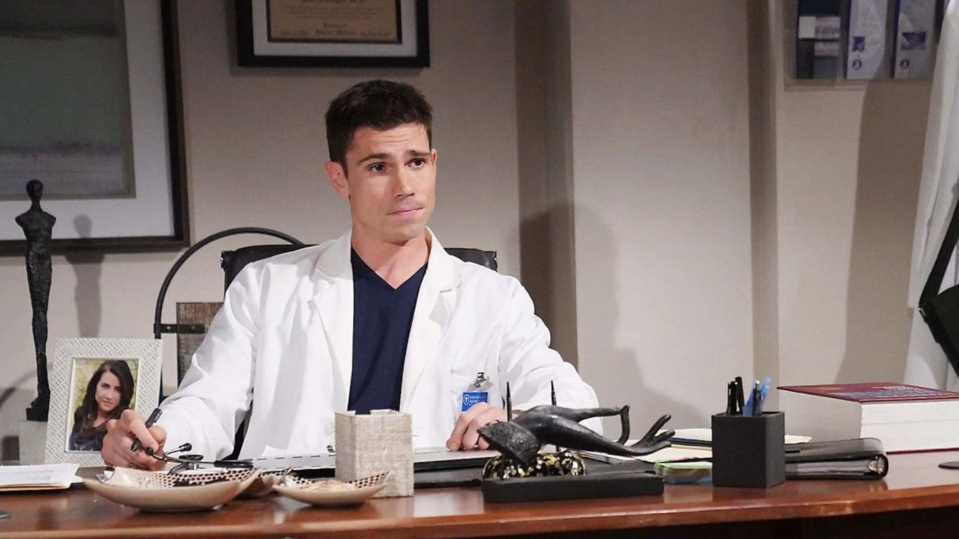 Finn is in his office at the hospital on The Bold and the Beautiful | Image Source: CBS/JPI