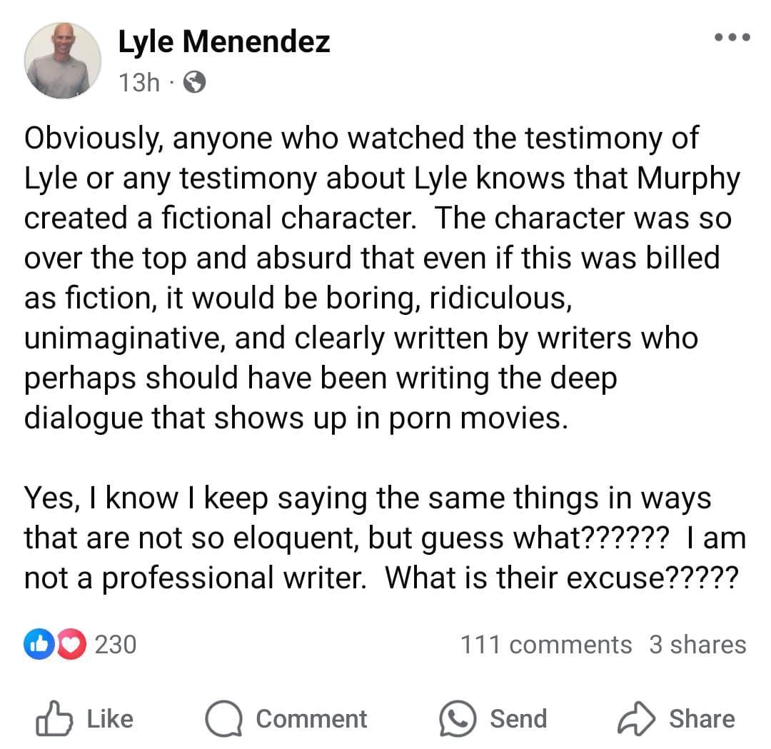 Lyle Menendez&#039;s Facebook post