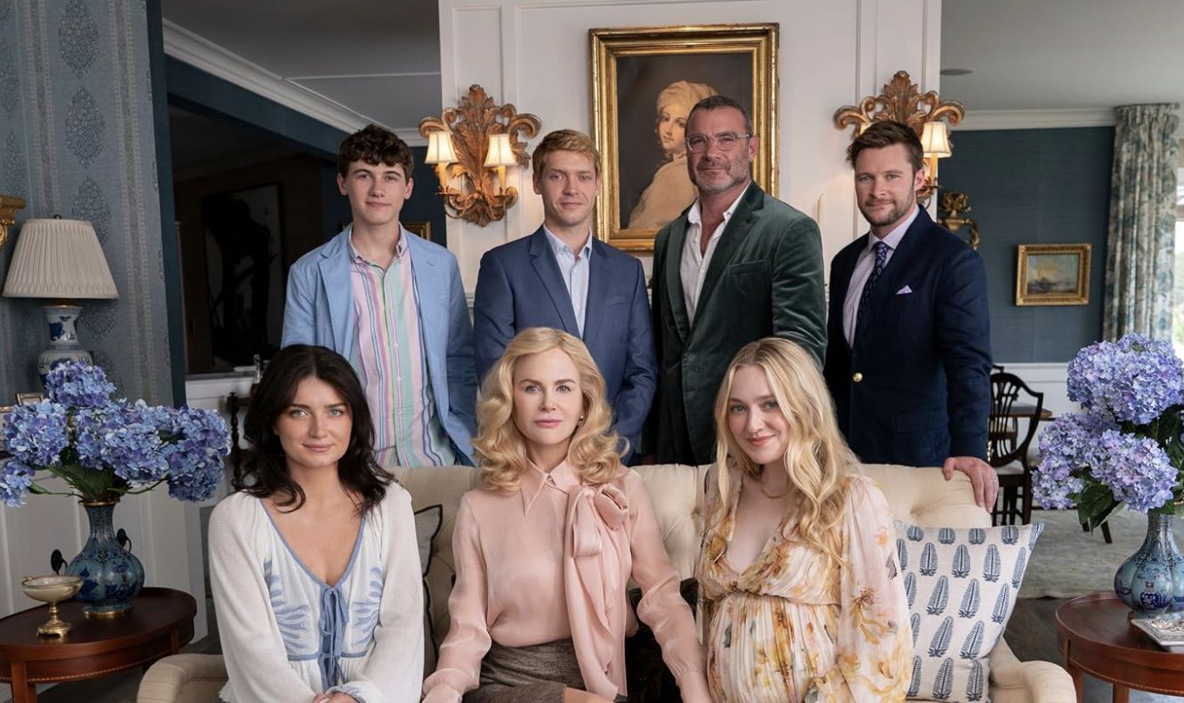 Nicole Kidman, Liev Schreiber, Dakota Fanning, Eve Hewson, Jack Reynor, Billy Howle, and Sam Nivola in The Perfect Couple (Image via Netflix)