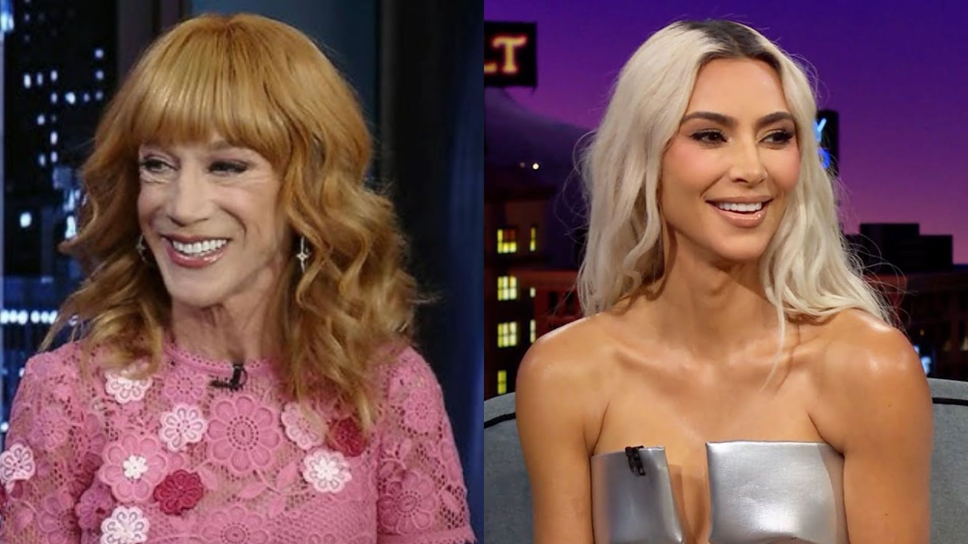 Kim Kardashian took to her Snapchat story to share Kathy Griffin showing the Erik Menendez painting | Image Source: Late Late Show with James Corden and ABC News