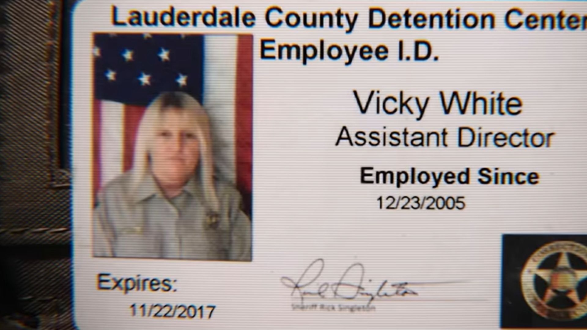 A photo of Vicky White&#039;s Employee I.D. in Jailbreak: Love on the Run (Image via Netflix)