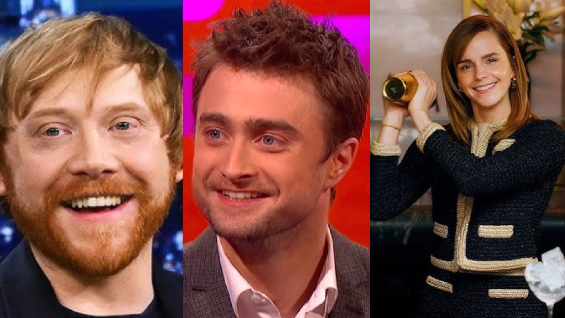 The leading cast of the Harry Potter films, Rupert Grint (Left), Daniel Radcliffe (center), Emma Watson (Right) | Image Source: British Vogue, The Graham Norton Show, The Tonight Show starring Jimmy Fallon