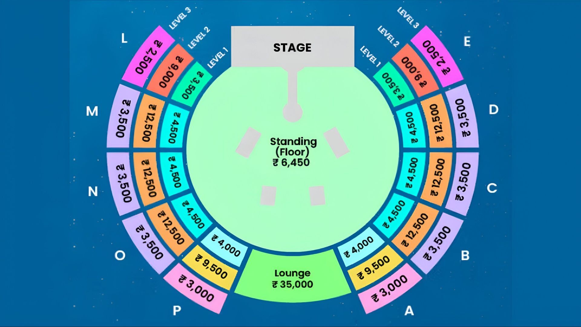 The seating options for Coldplay&#039;s concert at the DY Patil Sports Stadium (Image via Bookmyshow.com)