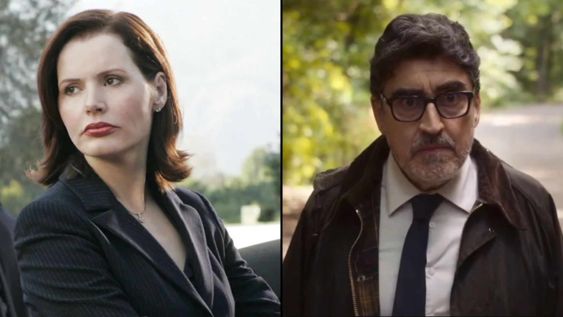 (L) Alfred Molina from Three Pines | Image Source: Prime Video; (R) Geena Davis from The Exorcist | Image Source: Prime Video