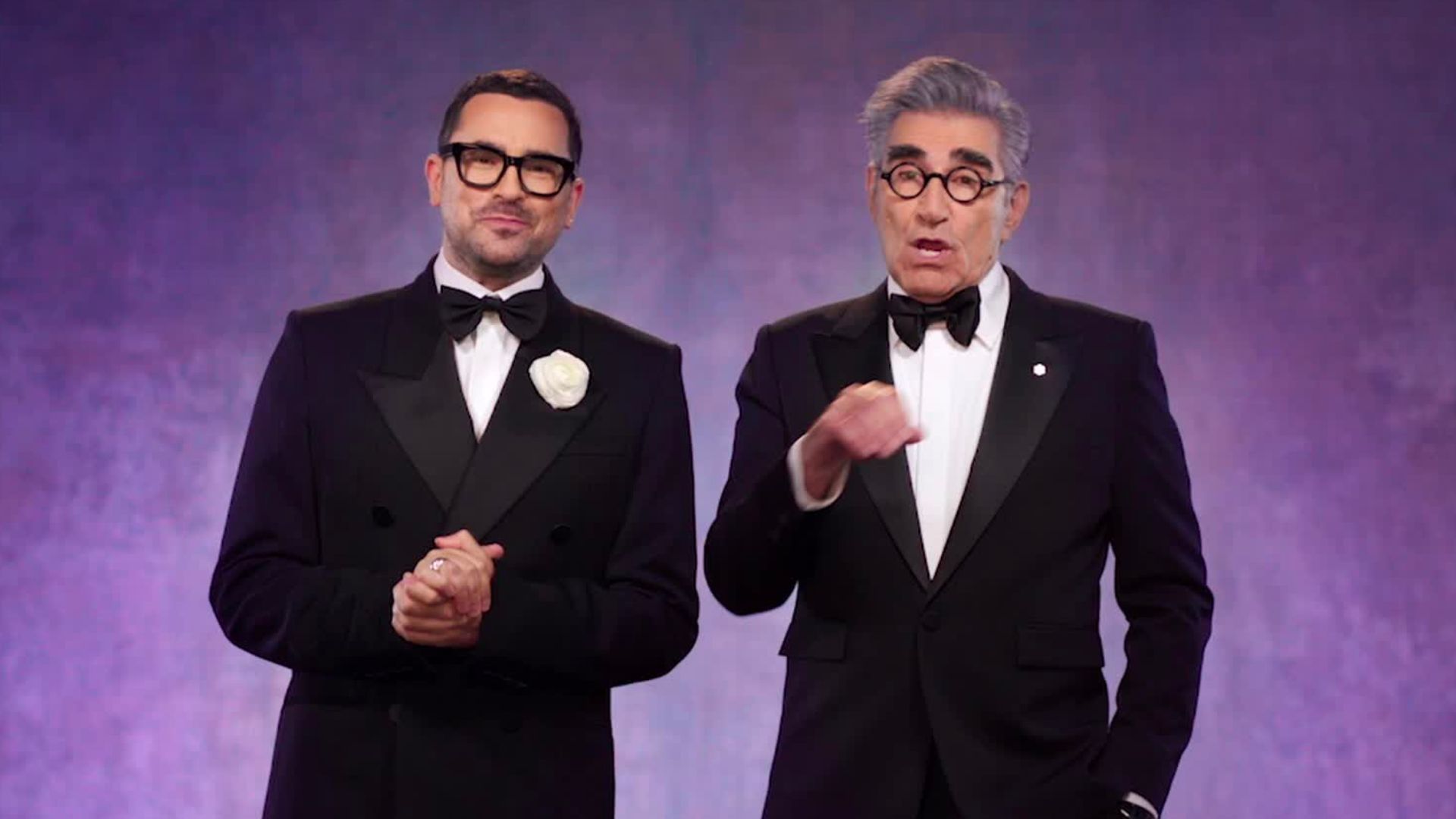 Eugene Levy and his son, Dan Levy, are the hosts of the 76th Primetime Emmy Awards 2024 (Image via ABC)