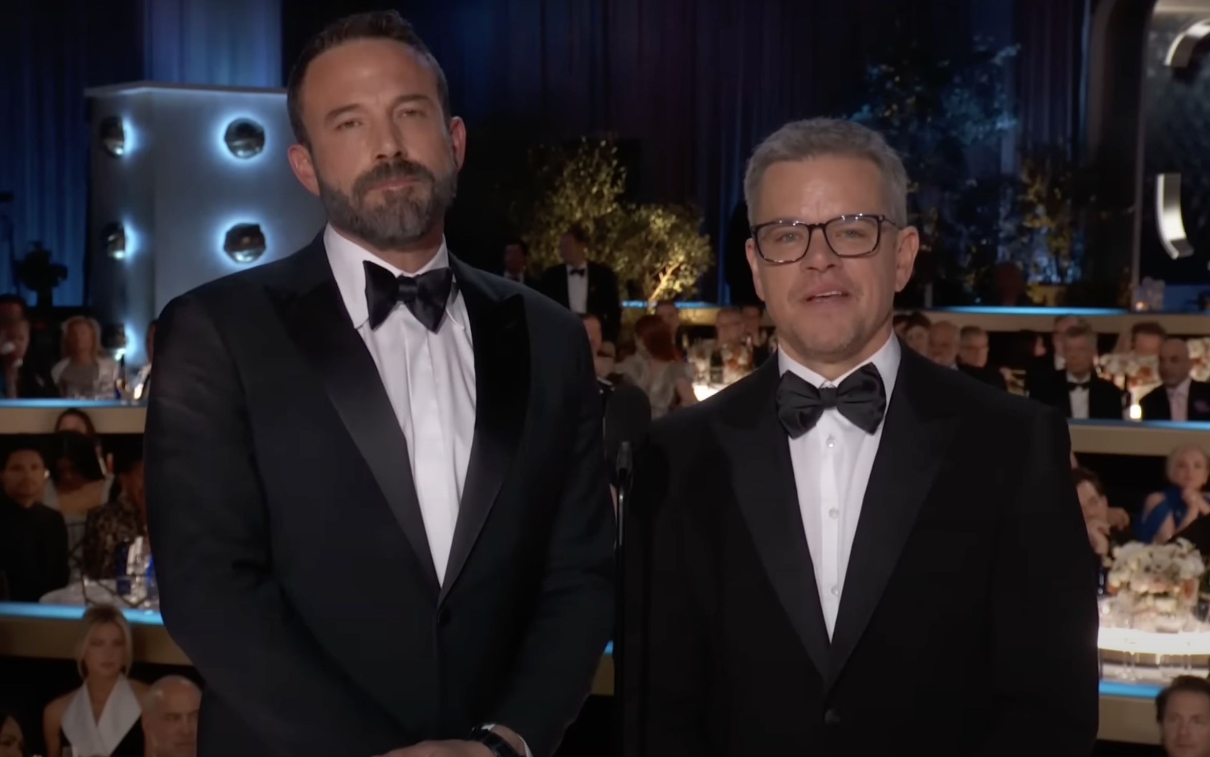 Ben Affleck and Matt Damon presenting Best Director at the 81st Annual Golden Globes, January 8, 2024. (Image via Golden Globes)