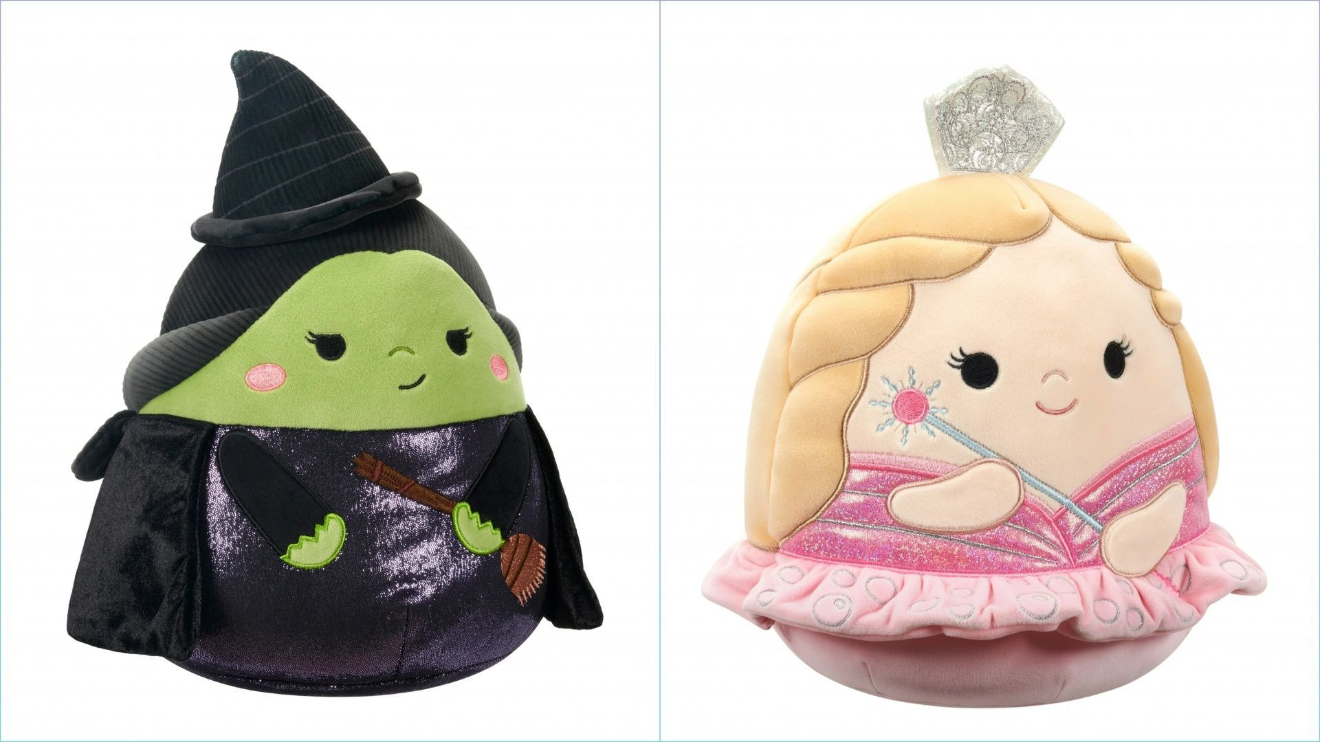 The Glinda and Elphaba plushies will be sold exclusively through Walmart and are available for pre-order (Image via Squishmallows / Walmart)