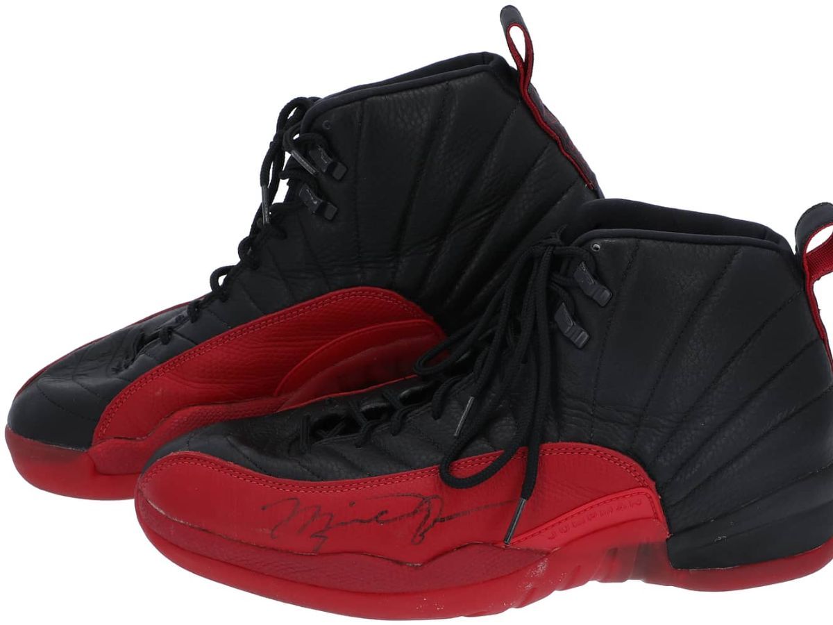 Air Jordan 12 worn during the well-known &#039;Flu Game&#039; ($1,380,000) (Image via Goldin Auctions)