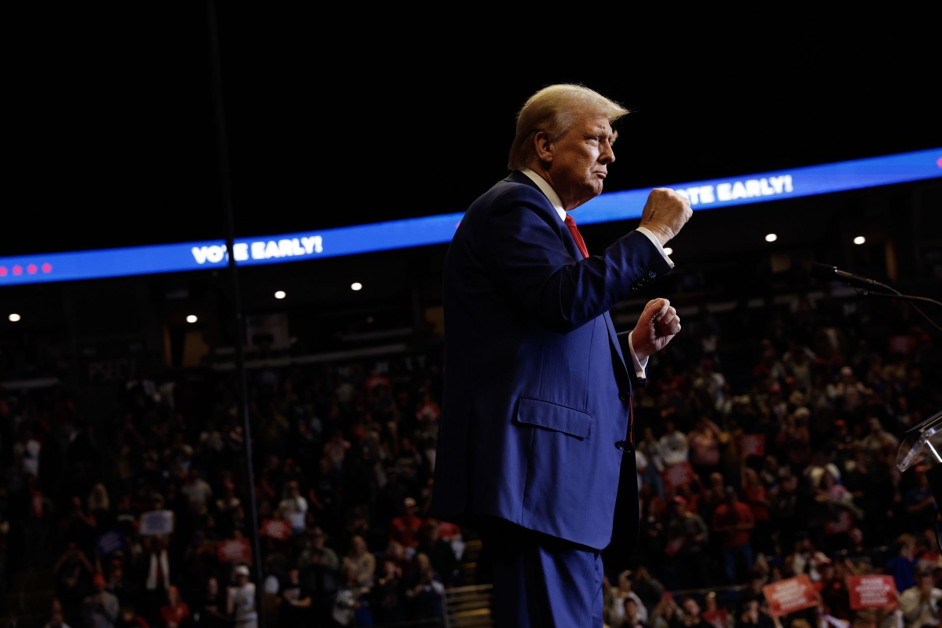 Republican President Nominee Donald Trump Campaigns In Battleground States Of Michigan And Pennsylvania - Source: Getty