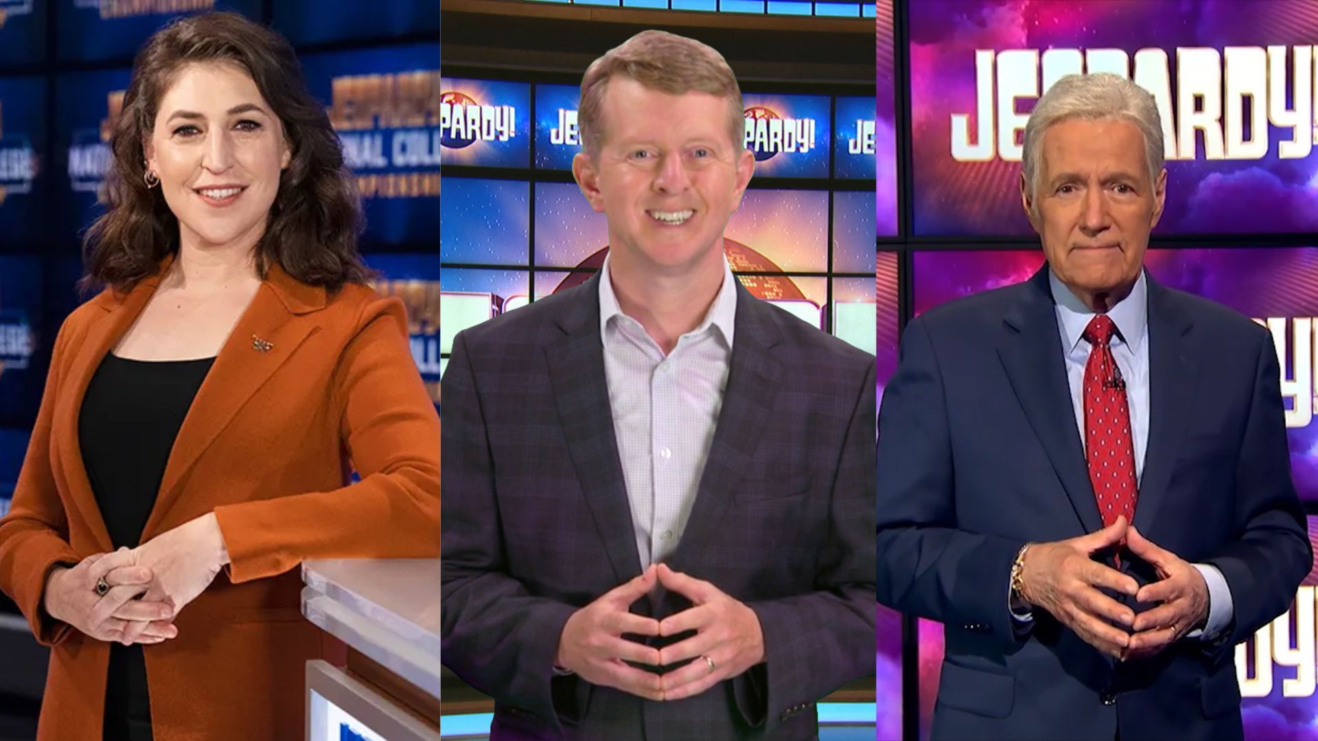 Mayim Bialik, Ken Jennings, and Alex Trebek have all hosted Jeopardy! at some point (Images via NBC)