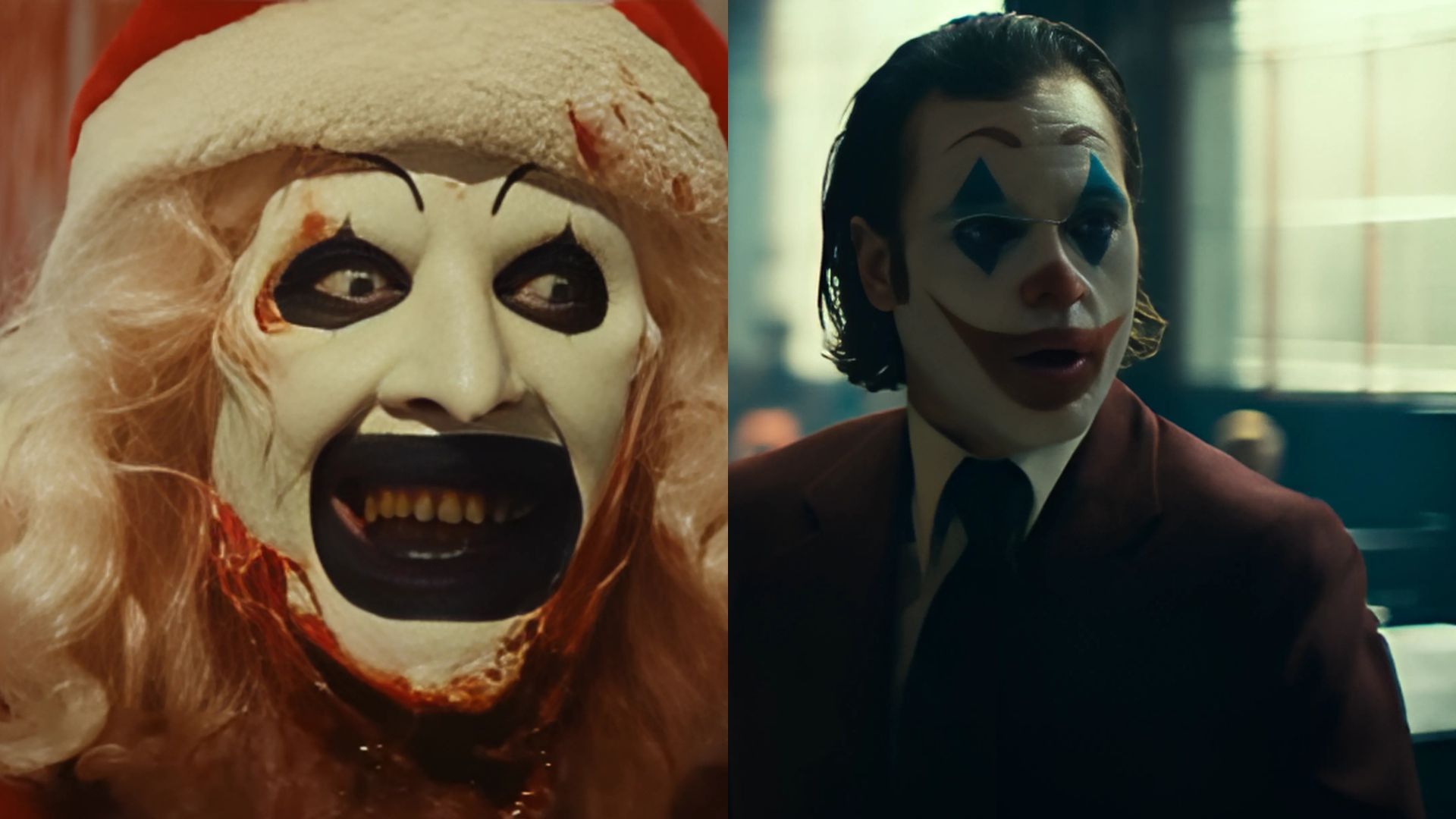 Art the Clown vs Joker from Terrfier 3 and Joker:Folie a Deux respectively | Image sources: Movie Trailers Source and Wanrer Bros. Pictures on Youtube