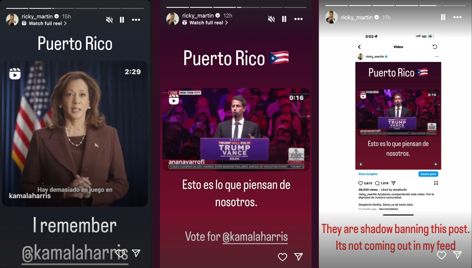 Ricky Martin&#039;s stories supporting Kamala Harris (Image via Instagram / @ricky_martin)