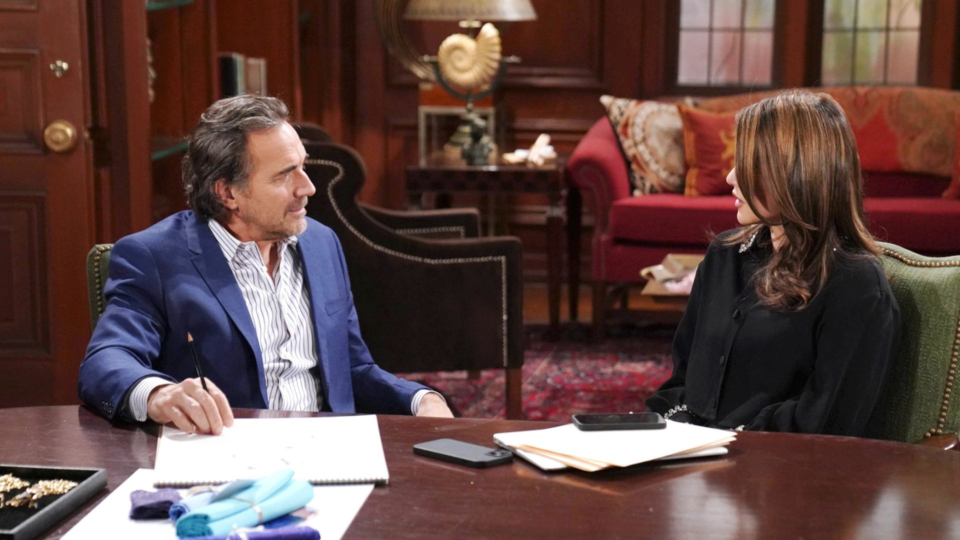 Ridge and Steffy discuss Taylor on The Bold and the Beautiful | Image Source: JPI