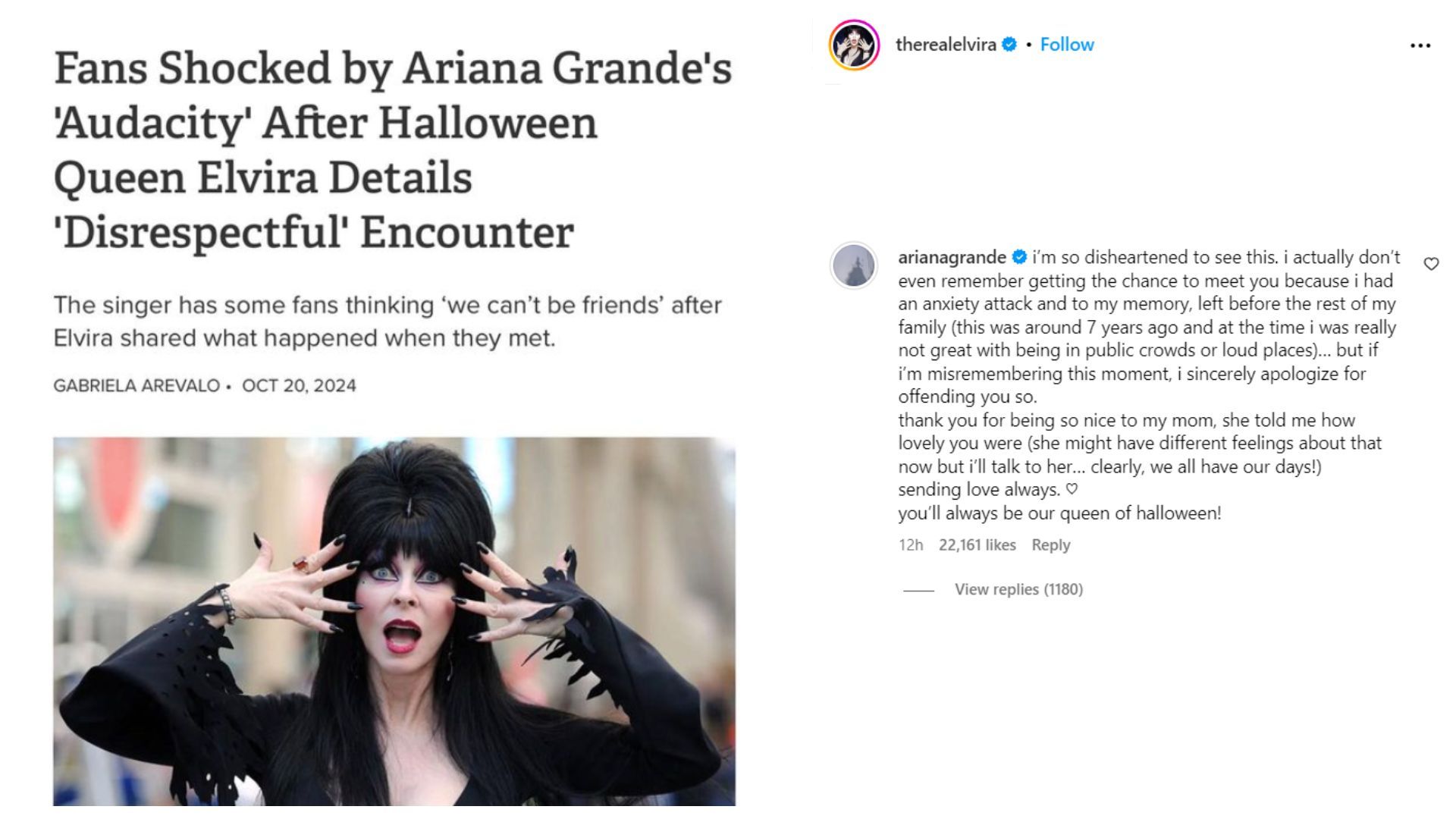 Ariana Grande apologizes to Elvira (Image via Instagram)