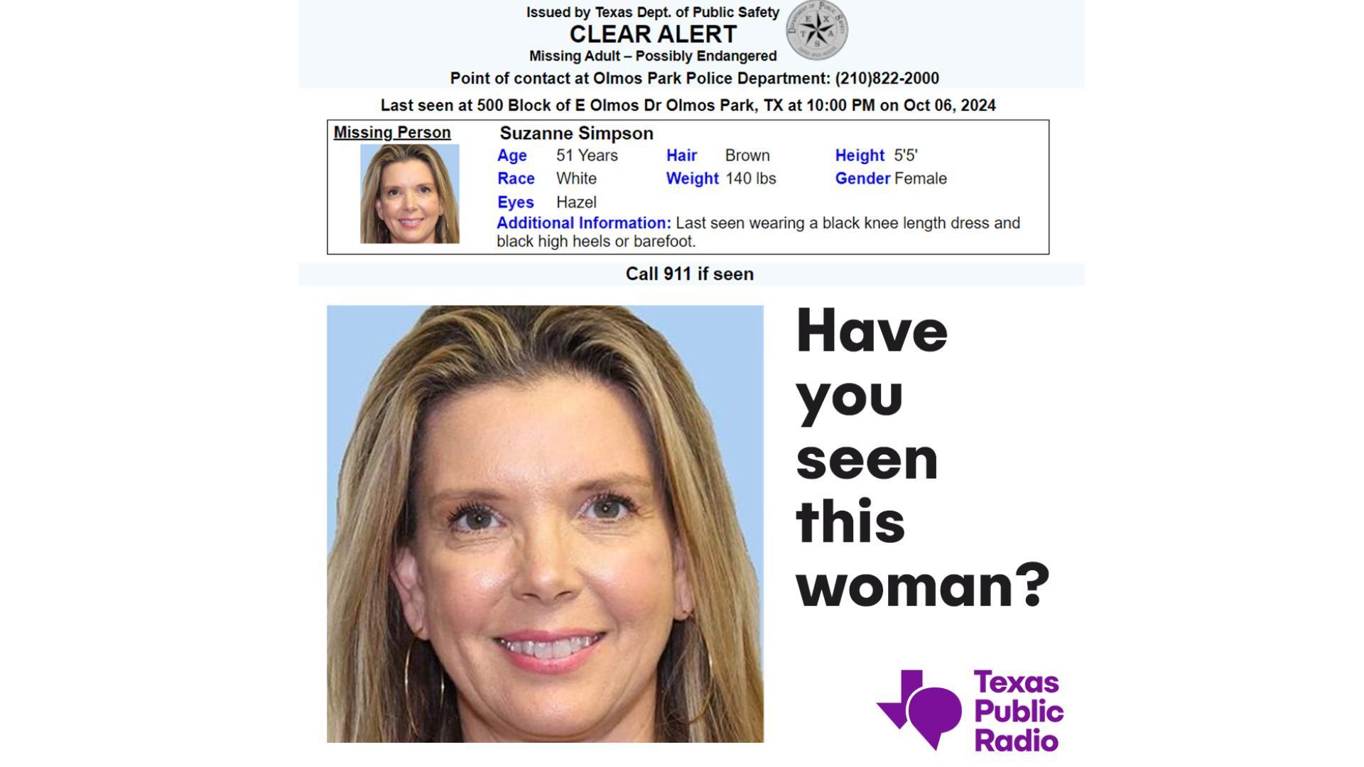 Suzzane Simpson missing poster (Image via Facebook / @TexasPublicRadio)