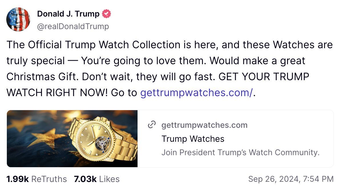 Trump took to Truth Social to announce the launch of his watch collection. (Image via Truth Social)