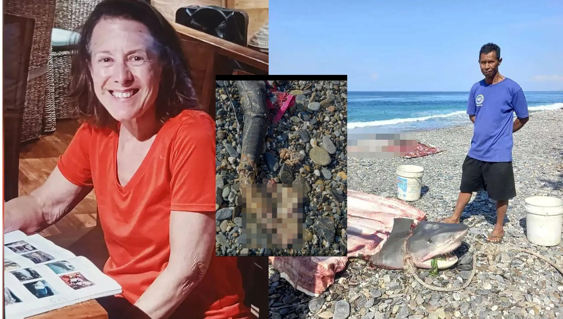 Colleen Monfore (Left), The fisherman who caught the shark (right), Picture of the shark (centre) (Image: Asia Pacific Press via ViralPress) 