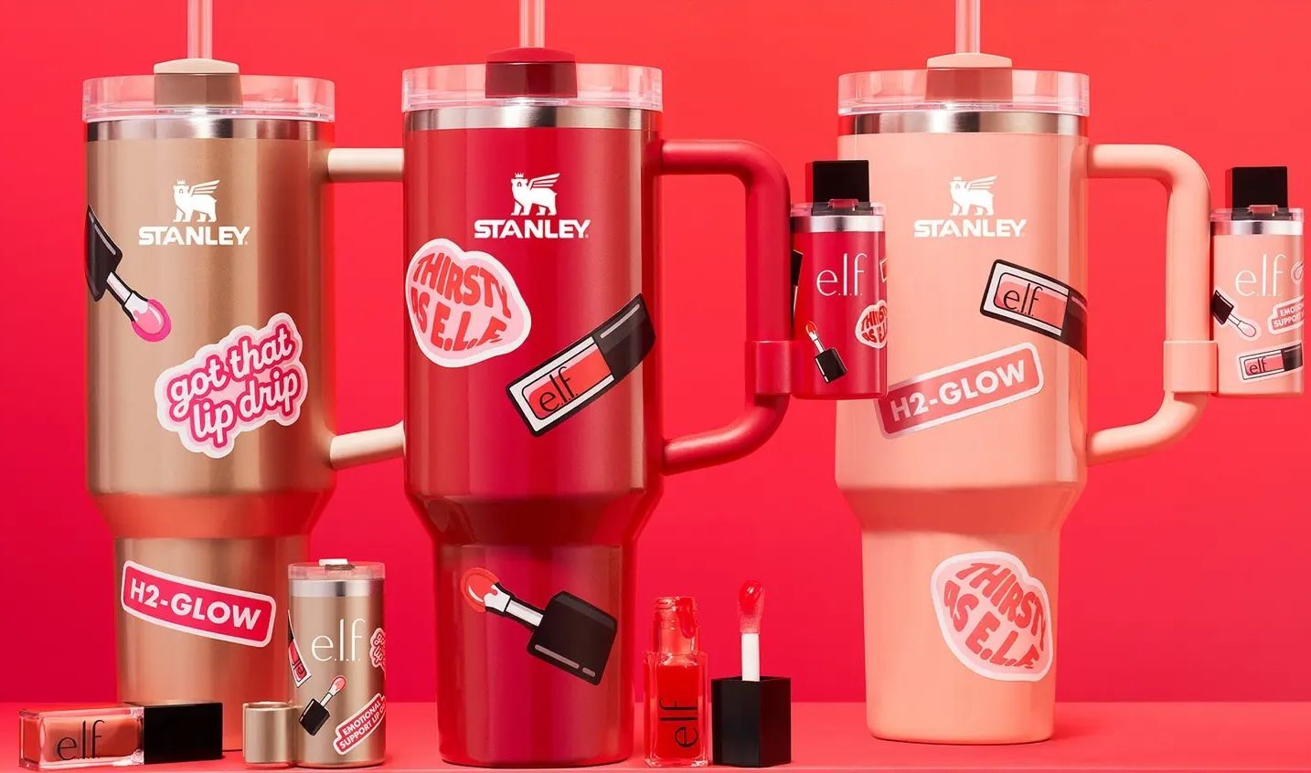 Stanley x e.l.f. Cosmetics collaboration features limited-edition Quencher tumblers and Glow Reviver Lip Oil, launching on October 27, 2024. (Image via e.l.f. cosmetics)