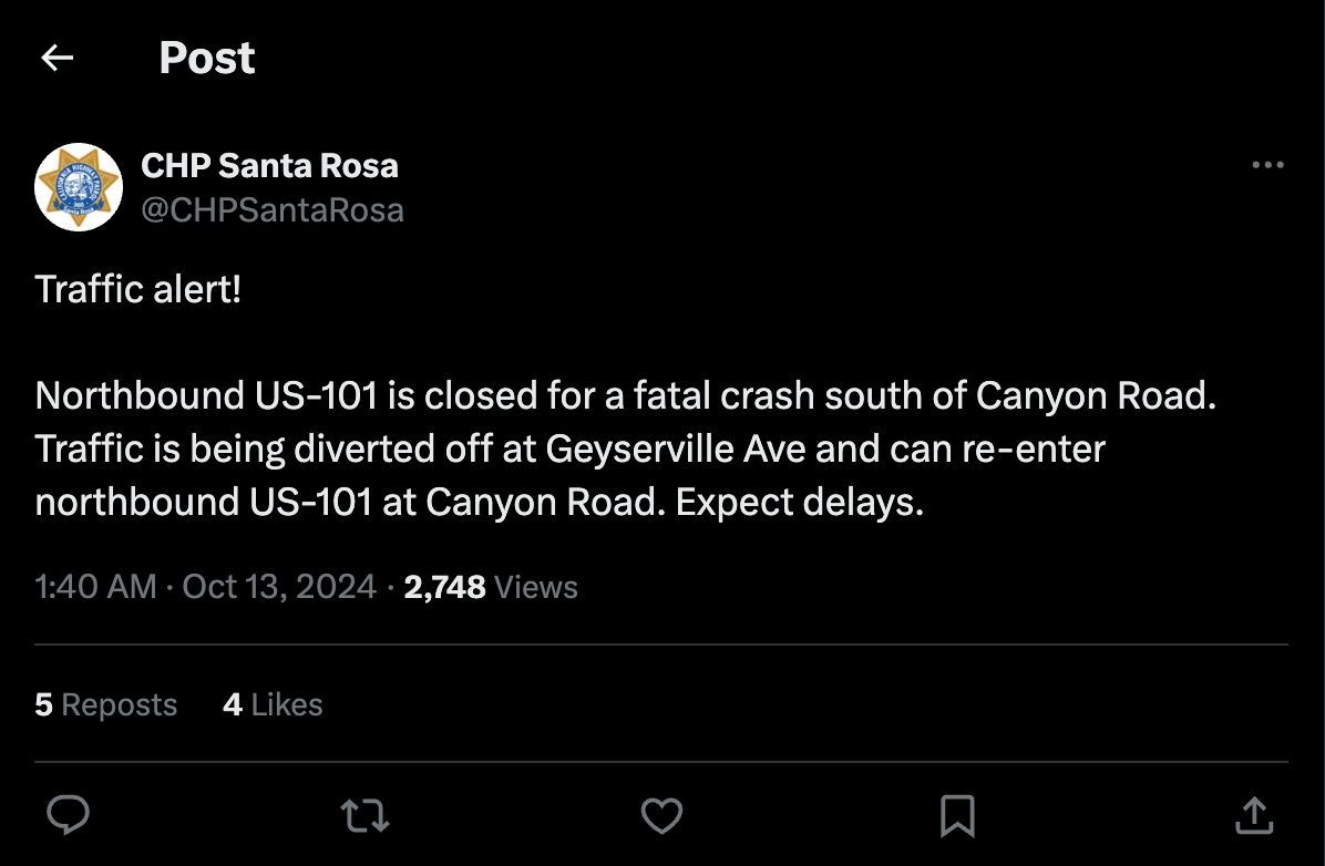 Santa Rosa CHP info on Gerysville Accident (Image via X / @CHPSantaRosa)