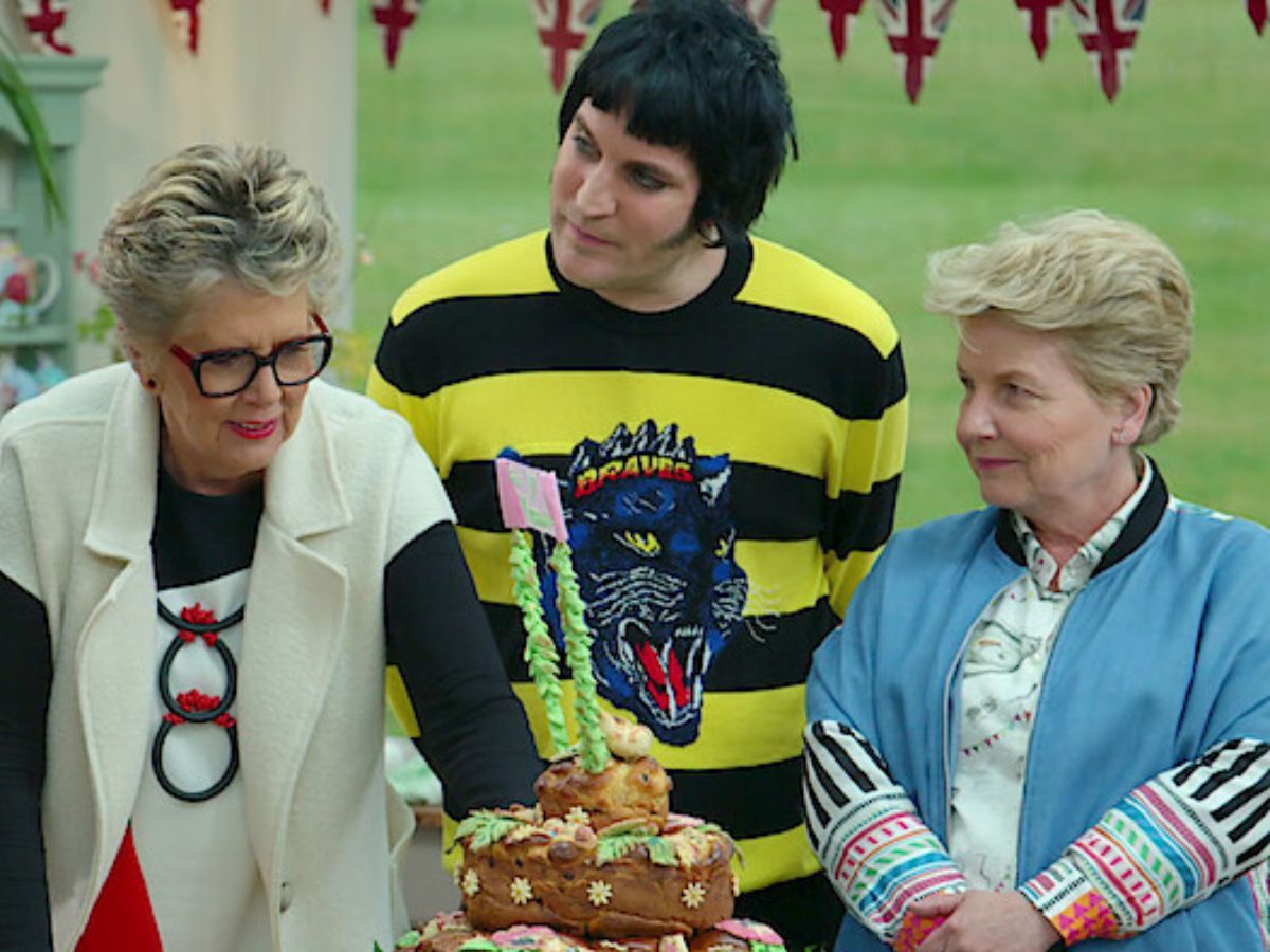 Sandi Toksvig with Noel Fielding and Prue Leith from The Great British Bake Off/ Image via @Netflix Tudum