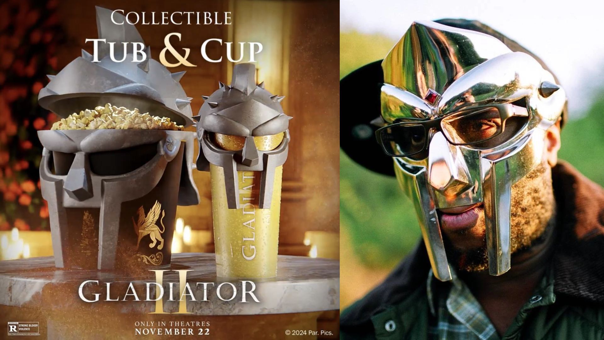 The Gladiator popcorn bucket resembles MF Doom