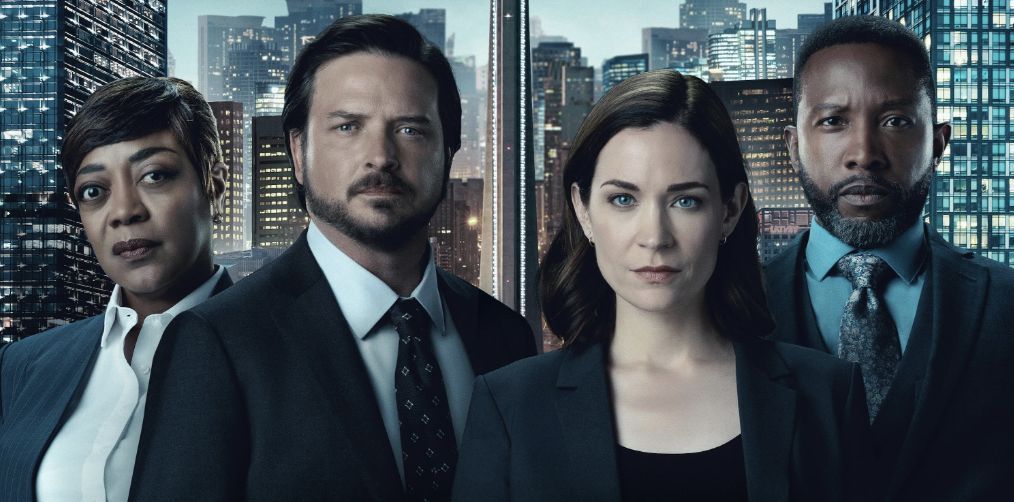 K.C. Collins, Karen Robinson, Aden Young, and Kathleen Munroe in Law &amp; Order Toronto: Criminal Intent (Image via CityTV+)