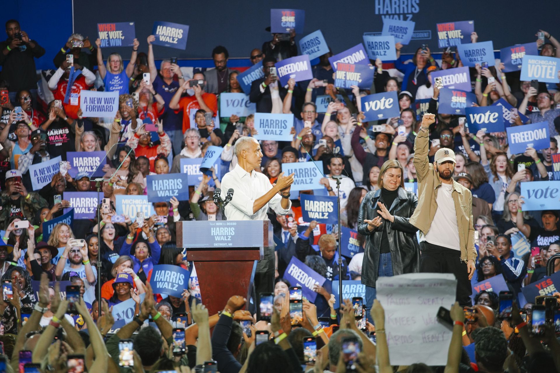 Former President Barack Obama and rapper Eminem rally support for Kamala Harris&rsquo;s 2024 presidential campaign in Detroit, Michigan (Image via Getty/Katie McTiernan).