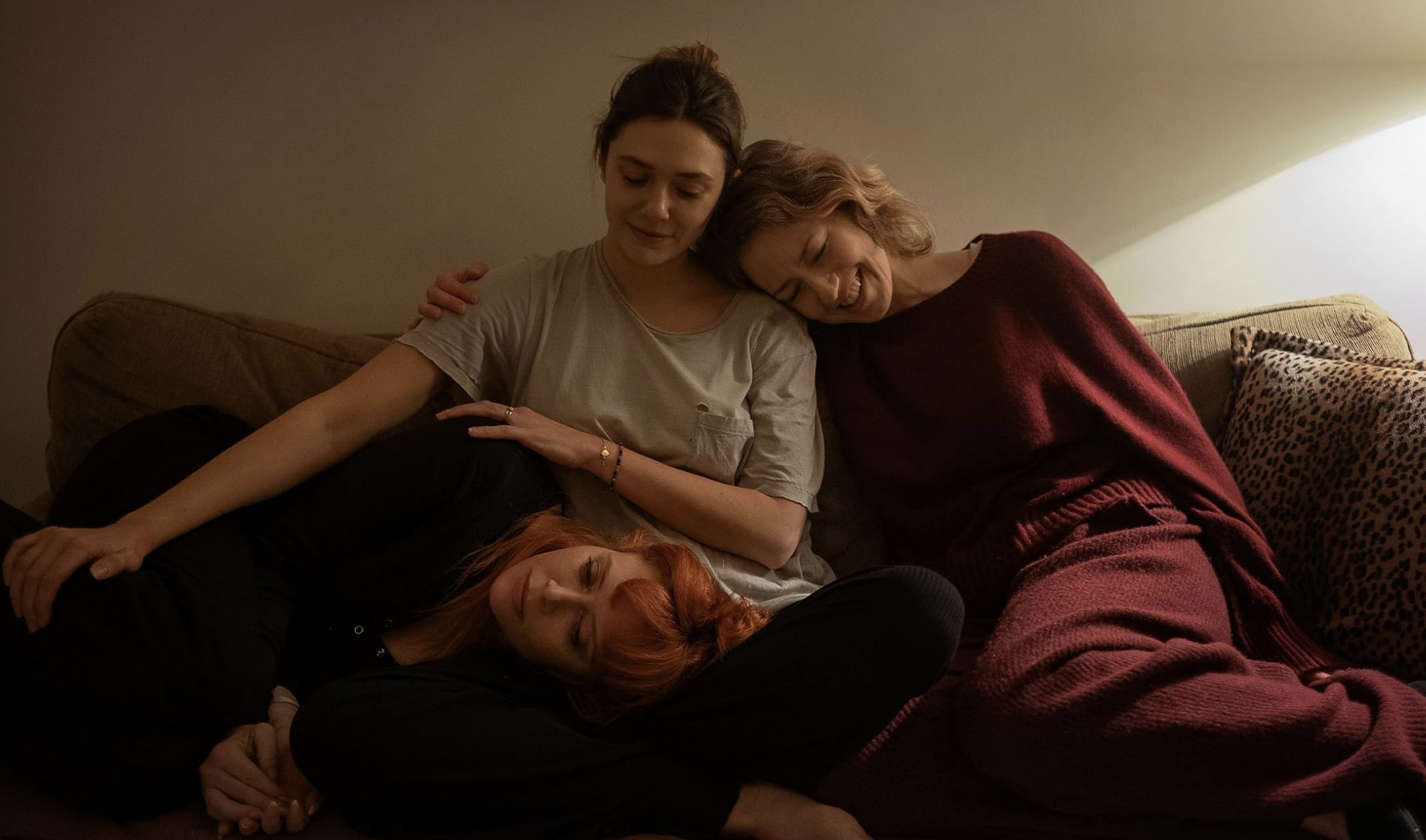 Natasha Lyonne, Elizabeth Olsen, and Carrie Coon in His Three Daughters (Image via Netflix)