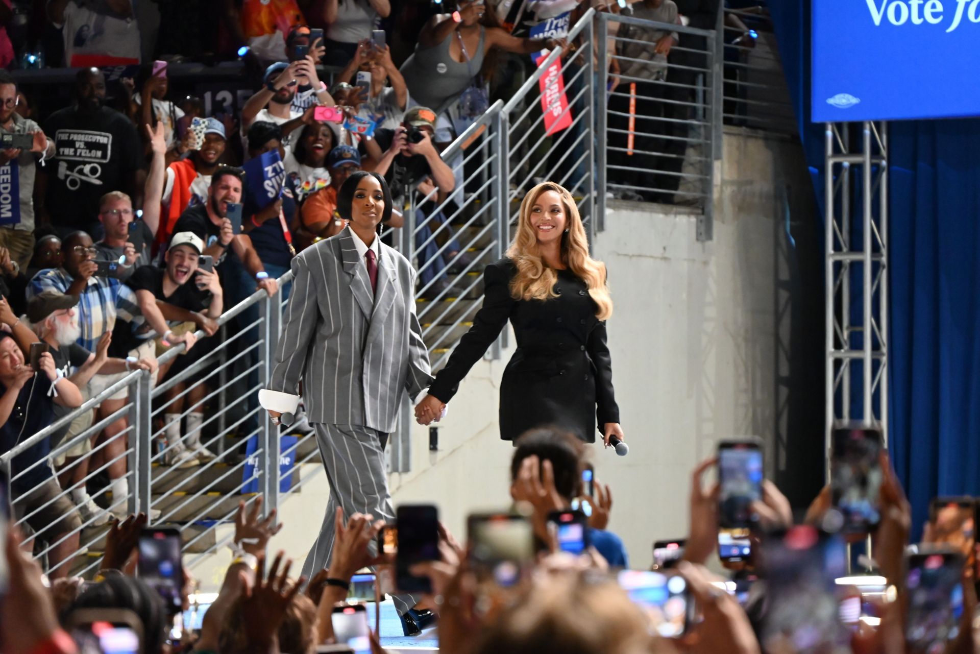 Beyonc&eacute; and Kelly Rowland attend a campaign rally supporting Vice President Kamala Harris at Shell Energy Stadium in Houston, Texas (Image via Getty/Kyle Mazza).