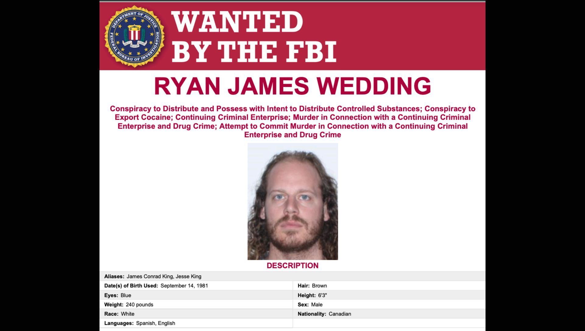 Ryan James Wedding Wanted Poster by the FBI (Image via FBI /  FBI.gov)