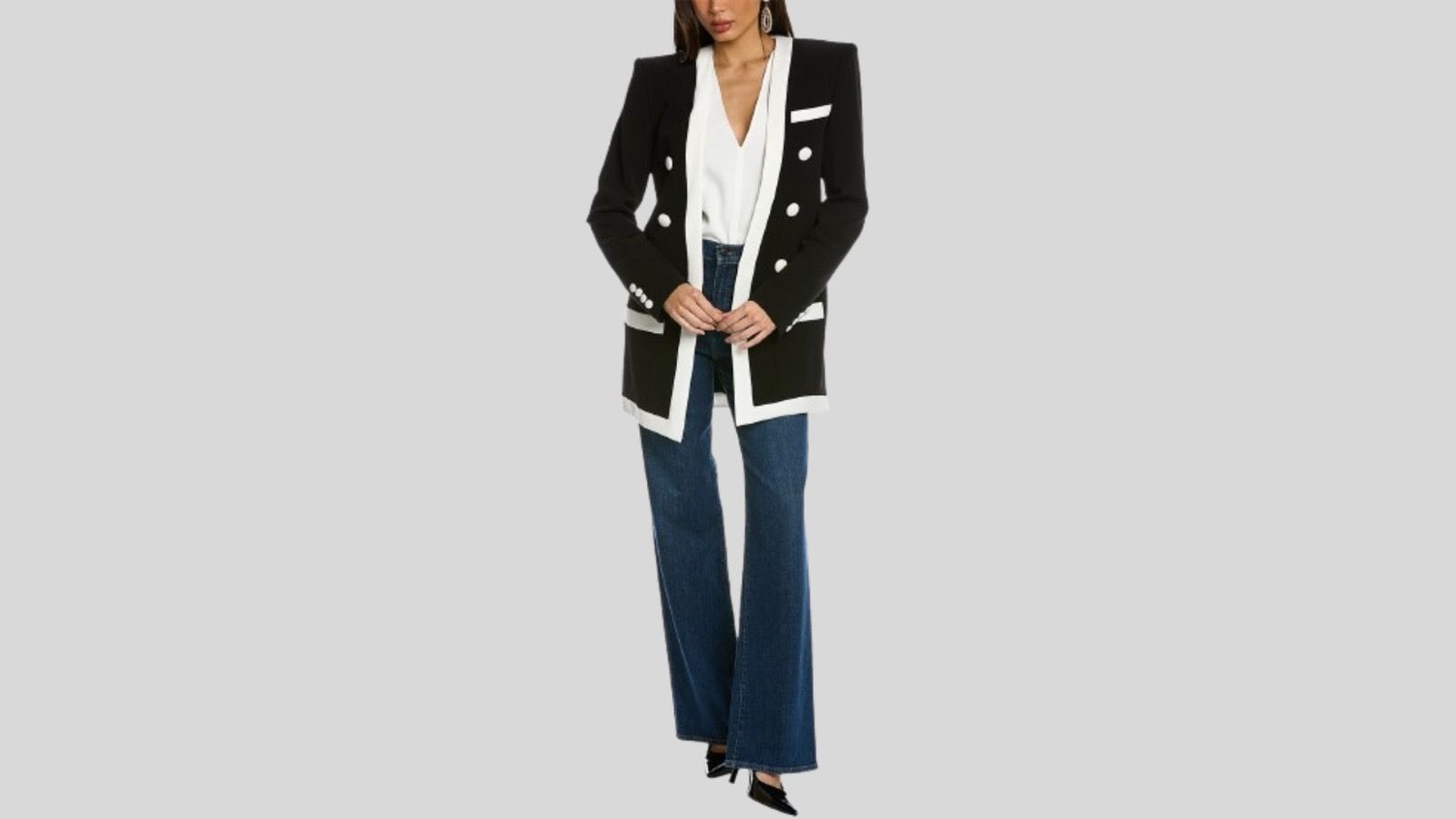 Balmain Long Collarless 6-button Crepe Jacket (Image via Gilt)