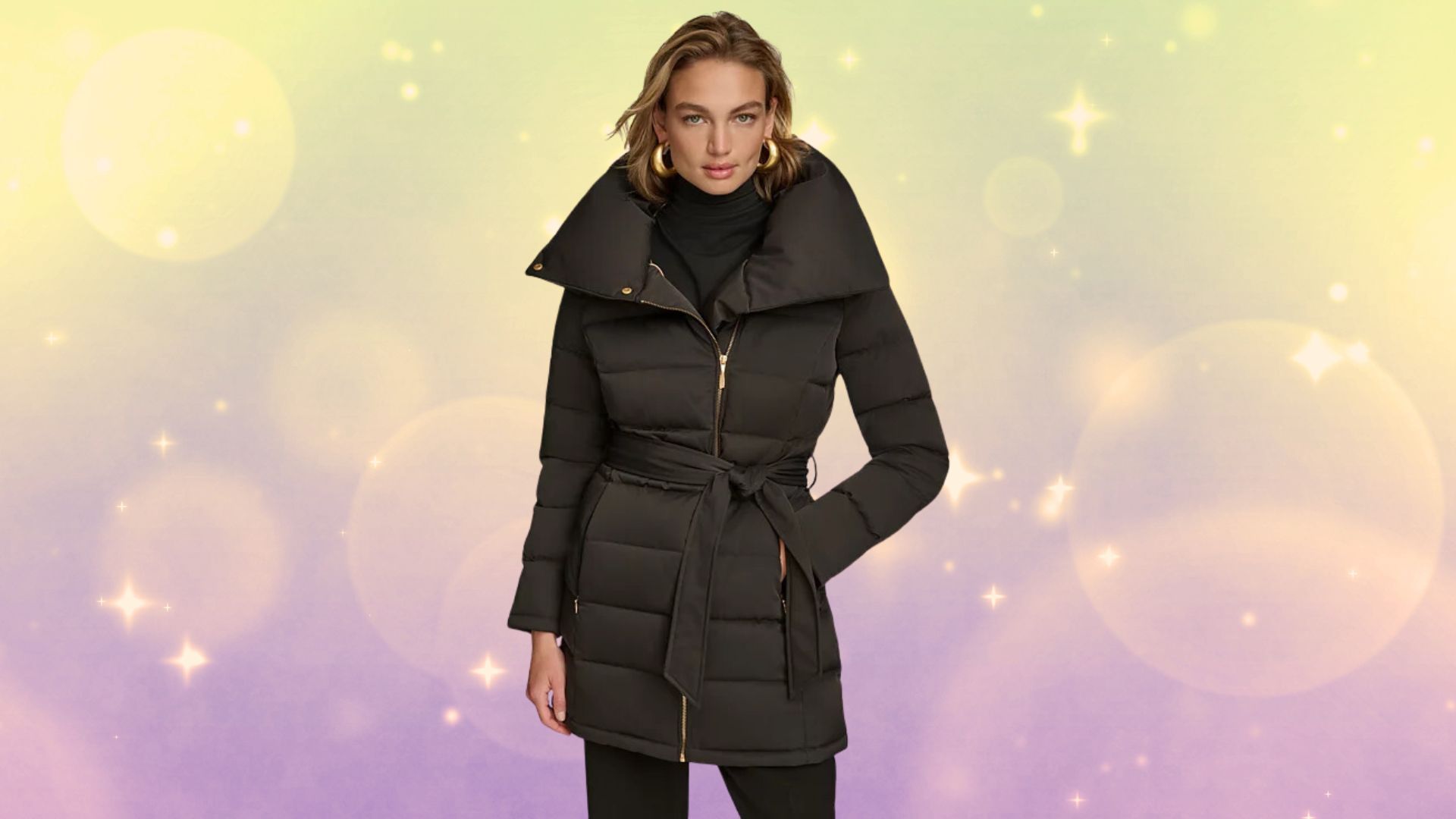 Women&#039;s Belted Asymmetric Puffer Coat (Image via Stacy&rsquo;s)