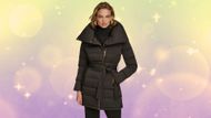 Women's Belted Asymmetric Puffer Coat (Image via Stacy’s)