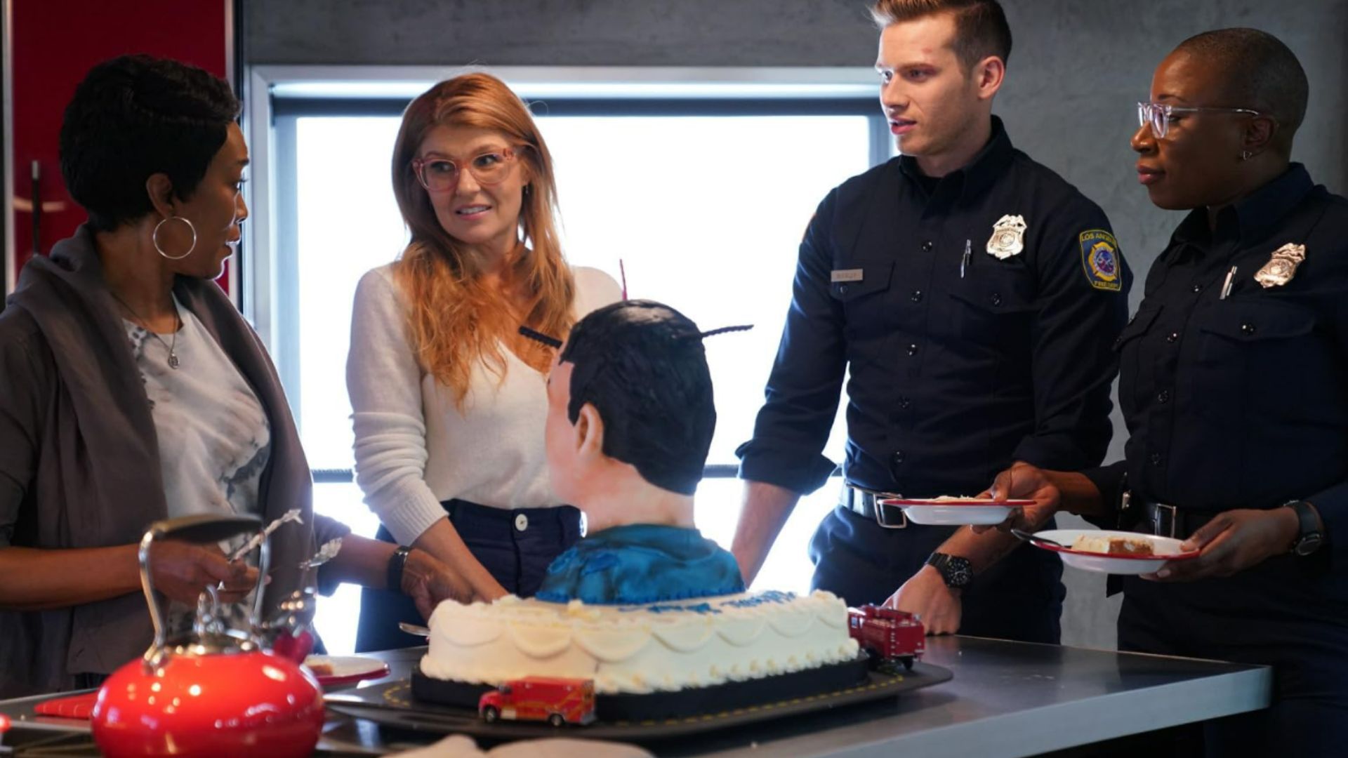 Angela Bassett, Connie Britton, Aisha Hinds, and Oliver Stark in 9-1-1 (Image via ABC)