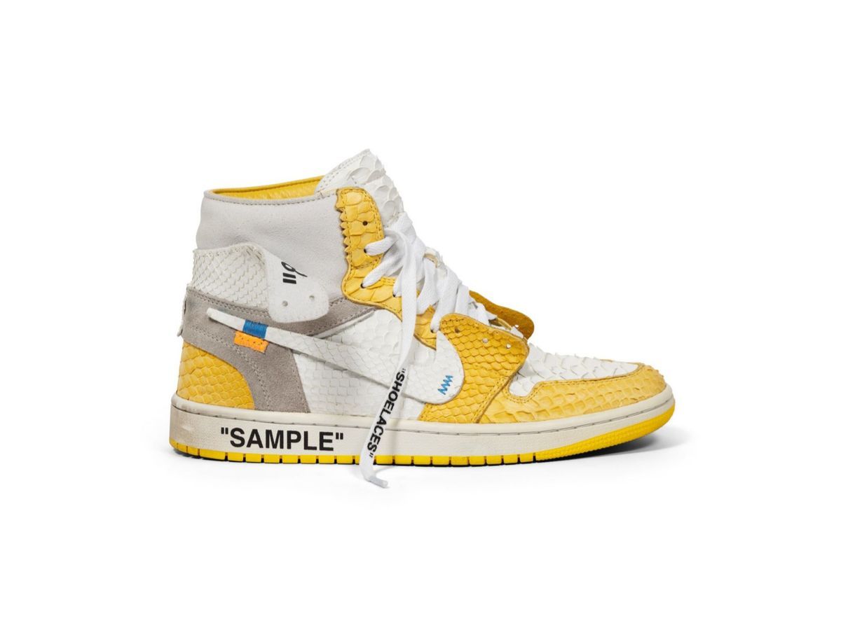 Nike x Off-White Shoe Surgeon x Air Jordan 1 High &#039;Off-White Canary Yellow Luxe&#039; (image via Joopiter)