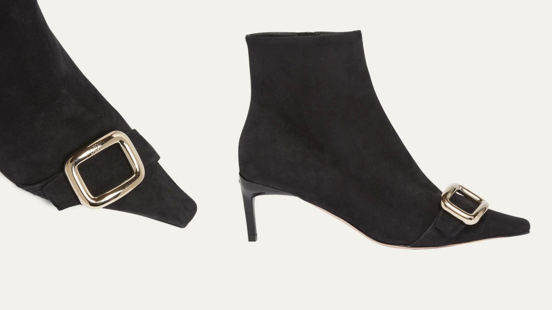 Roger Vivier Suede Buckle Ankle Booties (Image via Bergdorf Goodman)