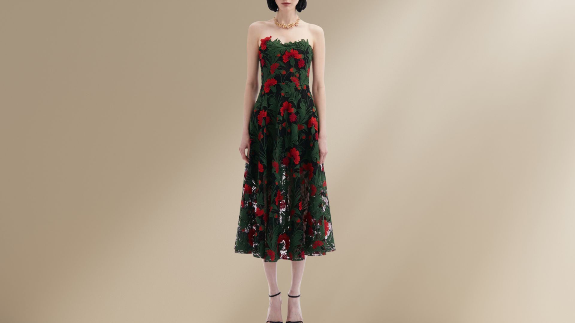 Oscar de la Renta Strapless Multicolor Marbled Carnation Guipure Lace Midi Dress (Image via Nordstrom)