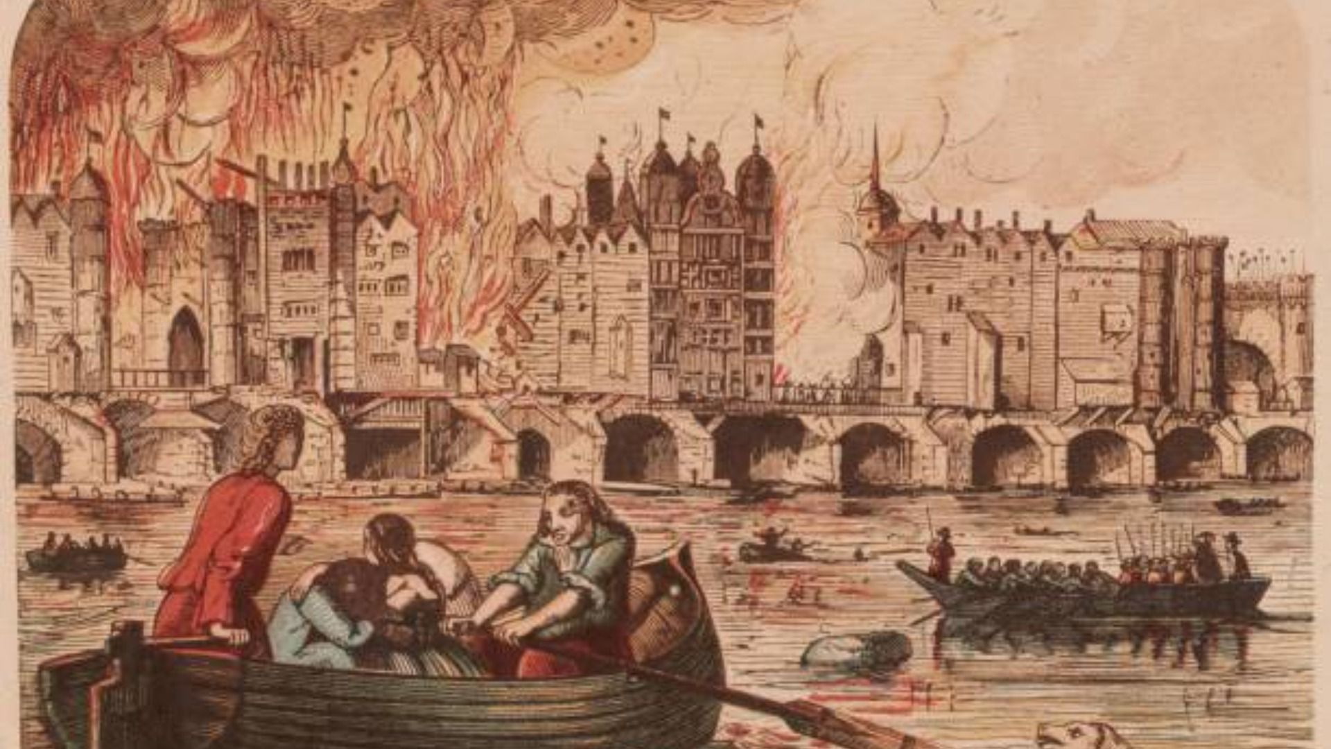 People flee to boats on the River Thames to escape the Great Fire of London / Image Source: Getty