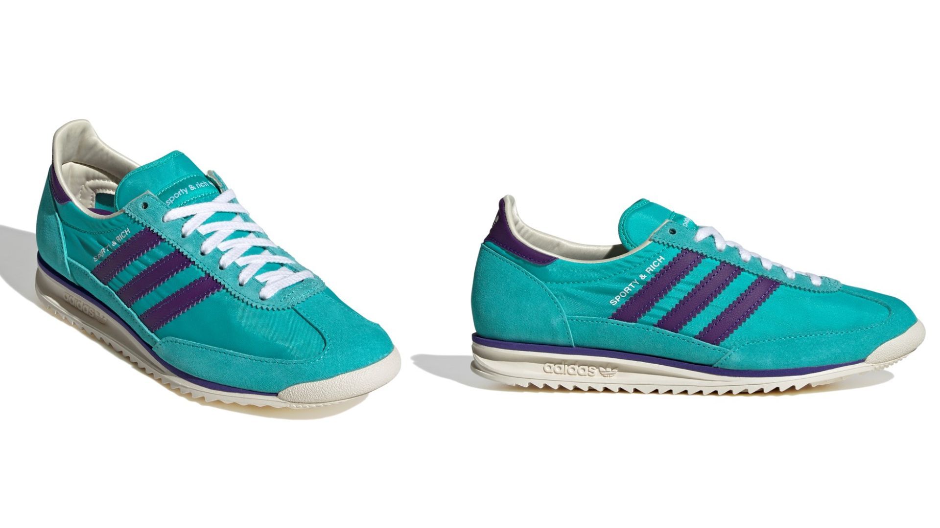 Sporty &amp; Rich x adidas Originals SL72 in Mint Rush / Power Purple / Cream White (Image via Adidas)